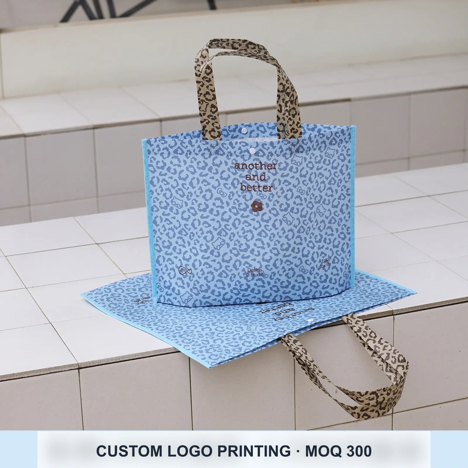 Laminated Leopard Print Stitched Non-Woven Tote Bags — 6 Styles — Laminated — BlueEnglish Floral Print