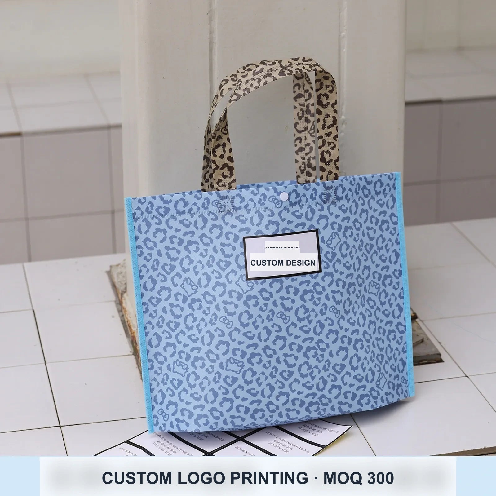 Laminated Leopard Print Stitched Non-Woven Tote Bags — 6 Styles — Laminated — BluePlain