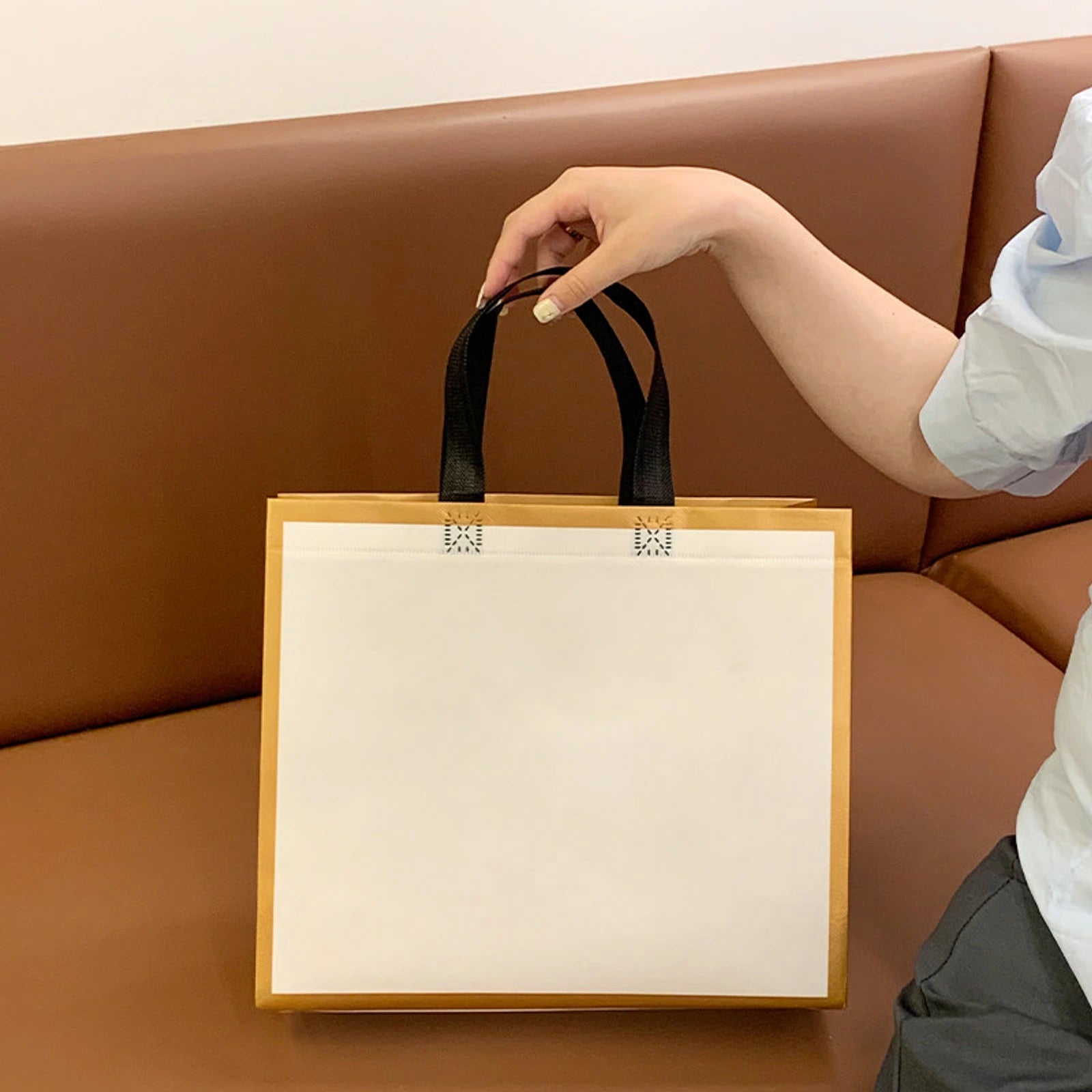 Laminated Non-Woven Garment Packaging Bags — 2 Styles — Gold Trim White