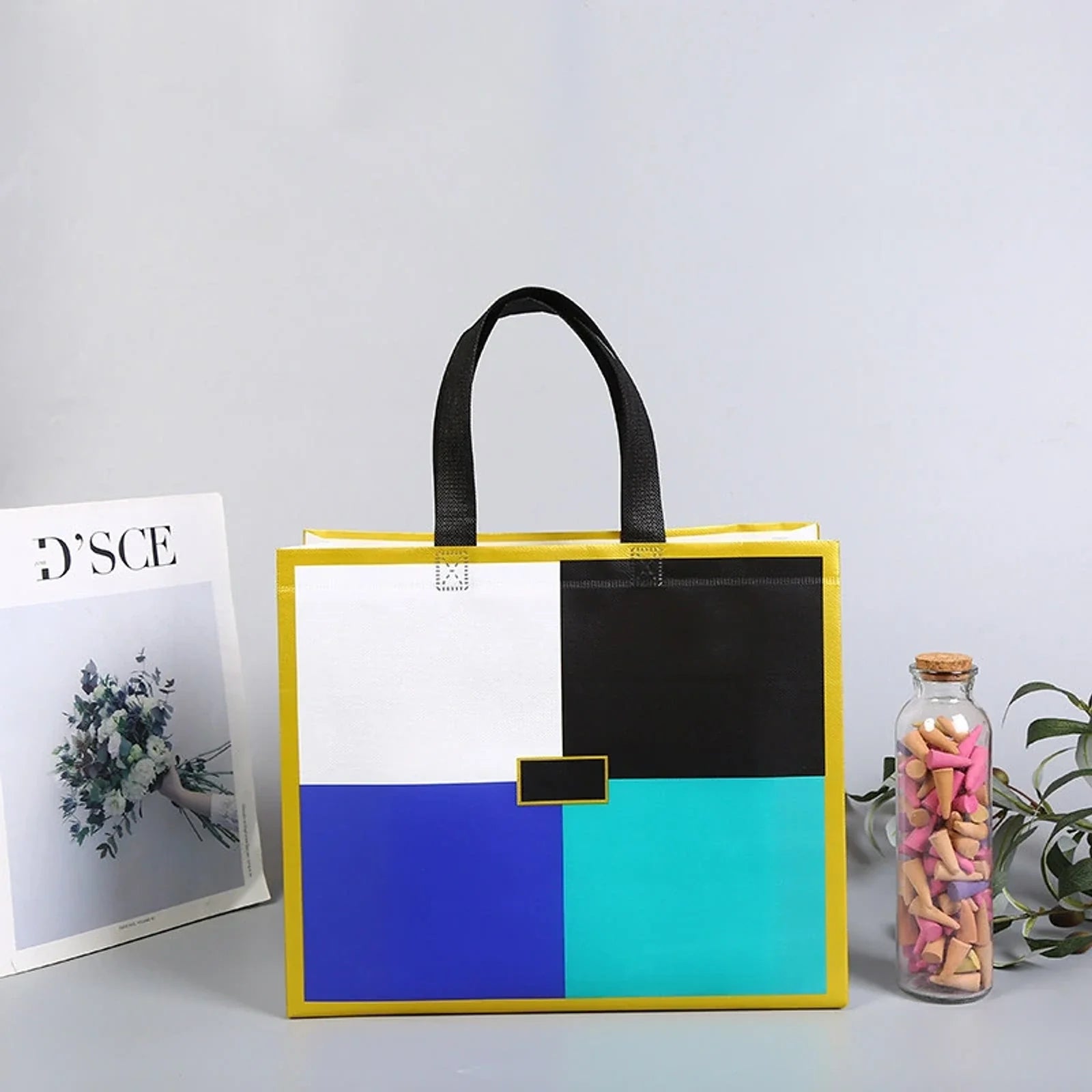 Four-Color Block Print laminated non-woven tote bags — 19 designs
