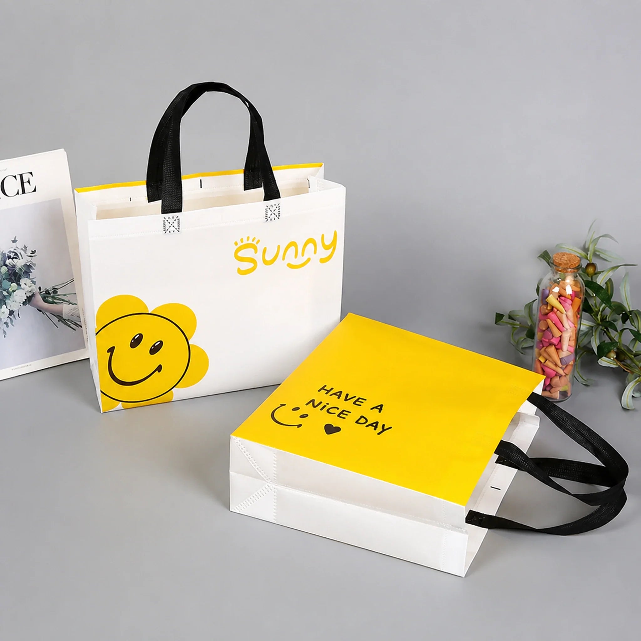 Happy Sunshine Print laminated non-woven tote bags — 19 designs