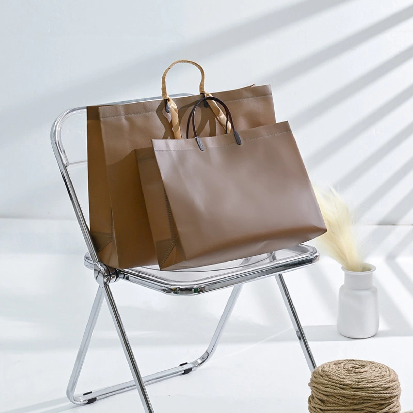 Laminated Non-Woven Tote Bags — 2 Styles — Laminated Die — Cut Handle — Dark Brown