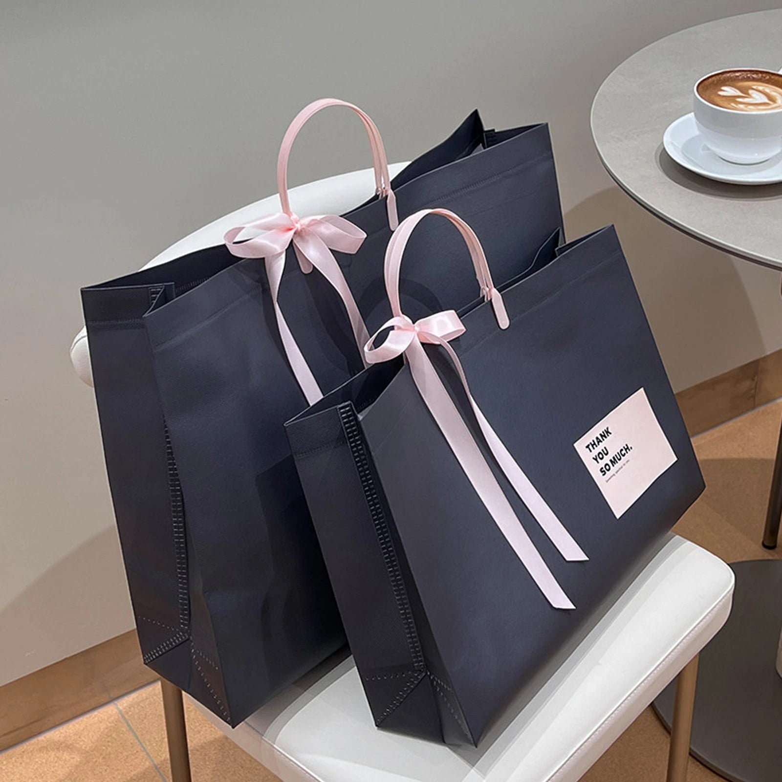 Laminated Non-Woven Tote Bags — 2 Styles — Laminated Die — Cut Handle — Premium Gray