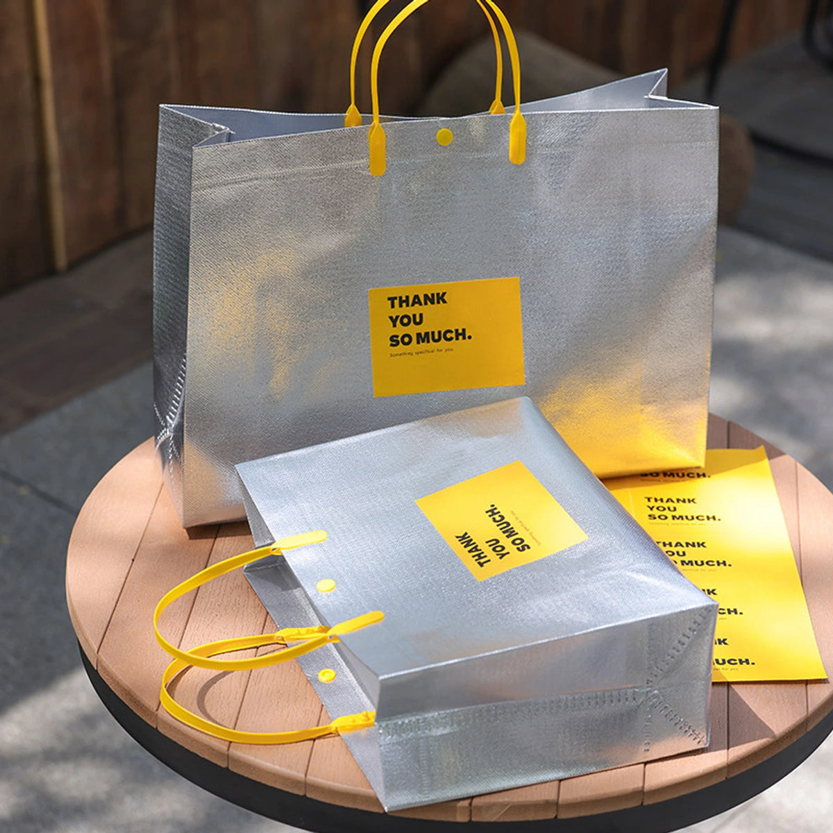 Laminated Non-Woven Tote Bags — 3 Styles — Metallic Laminated — Yellow Die — Cut Handle