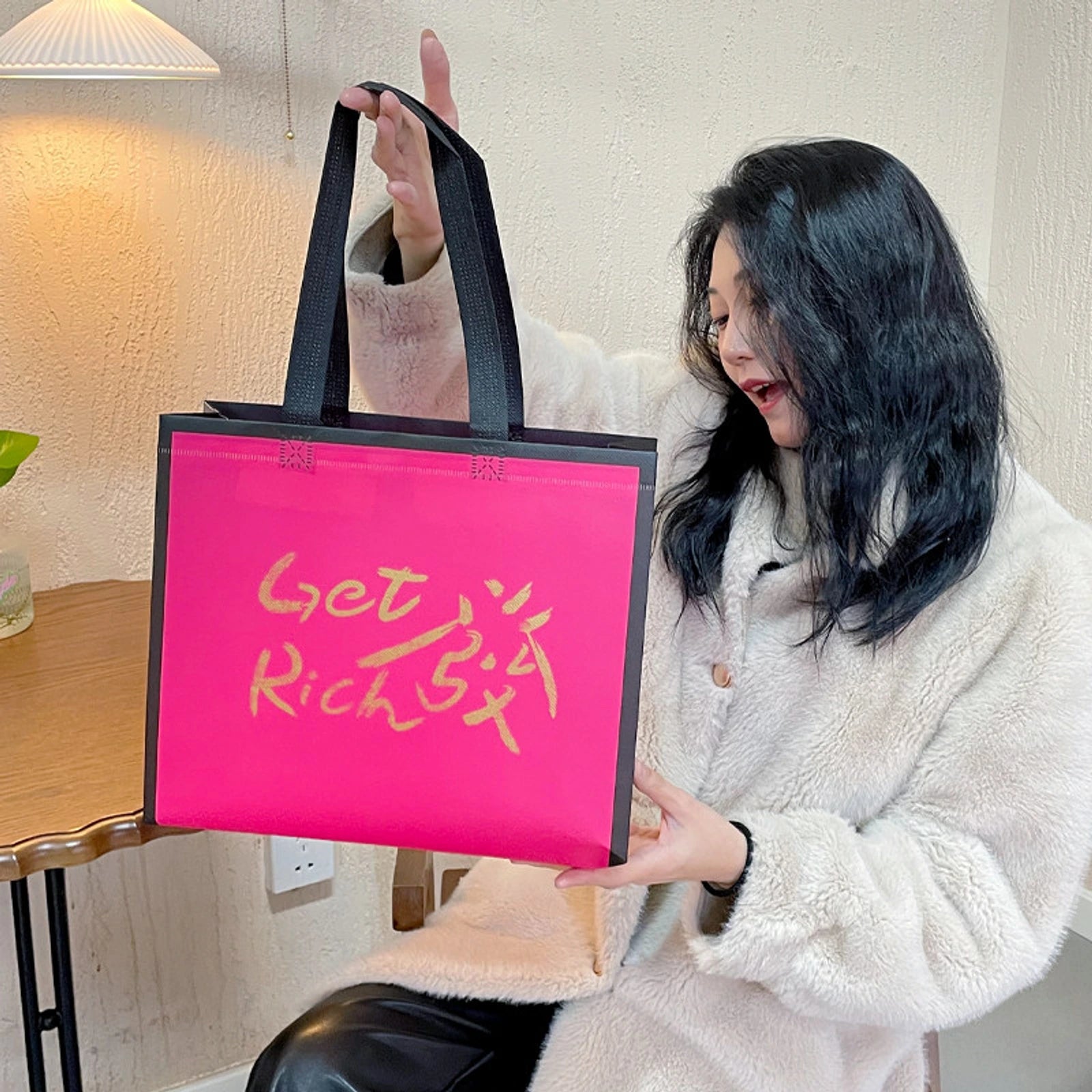 Laminated Non-Woven Tote Bags — 4 Styles — Dragon Fruit Pink — Prosperity Print