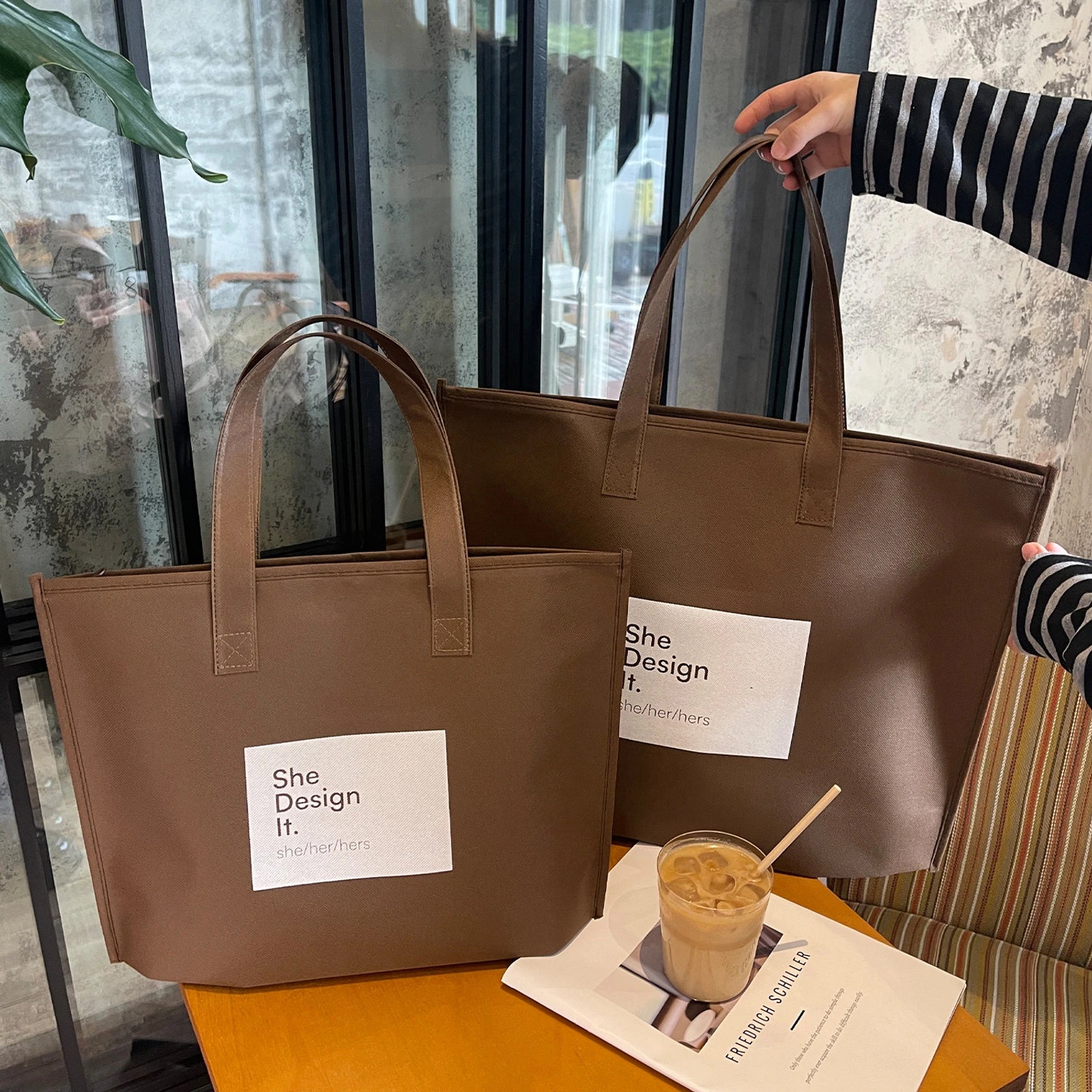 Large-Capacity Ancora-Red Non-Woven Tote Bags — 10 Styles — Brown SHEZipper Tote Extended Handles Shoulder Carry