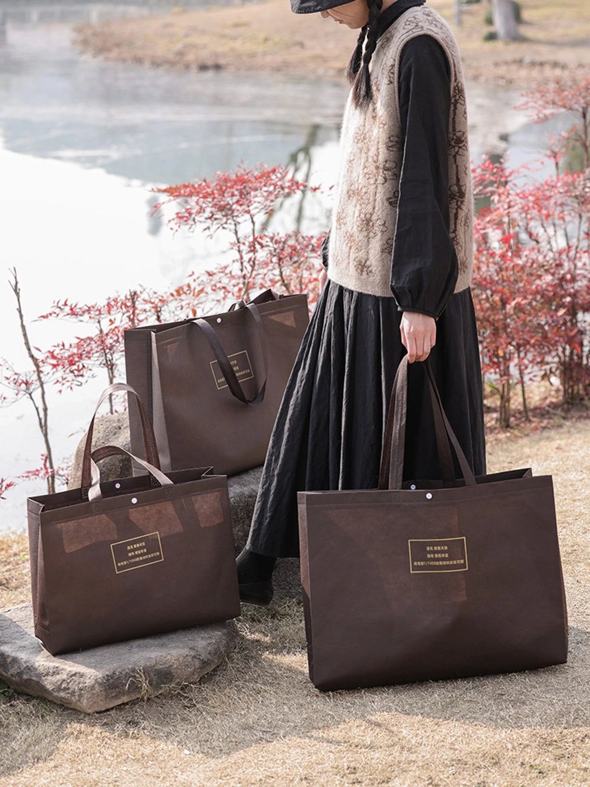 Large-Capacity Coffee-Brown Non-Woven Tote Bags — 5 Styles product view 1