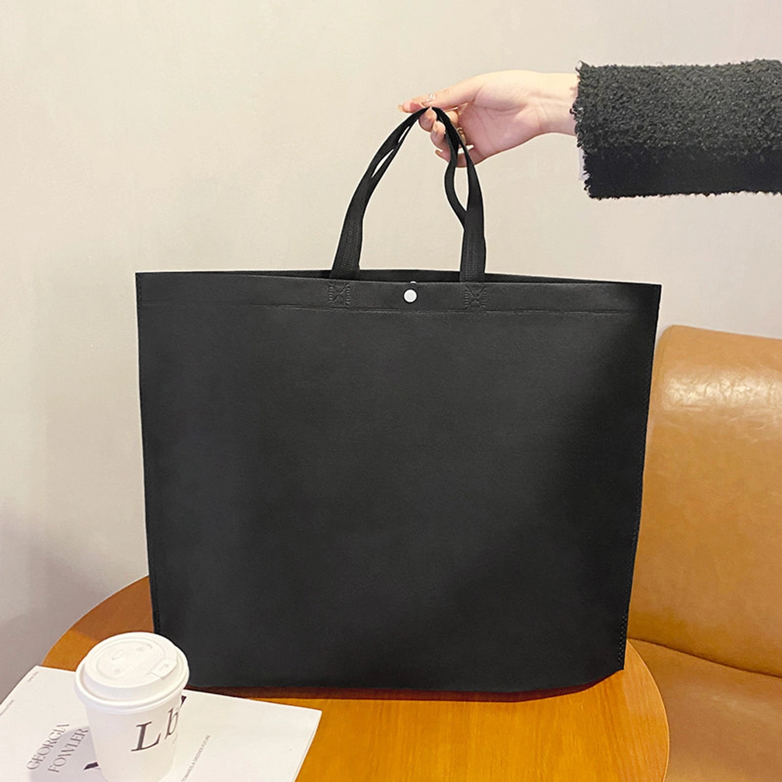 Large-Capacity Non-Woven Tote Bags — 10 Styles — Black（Plain）