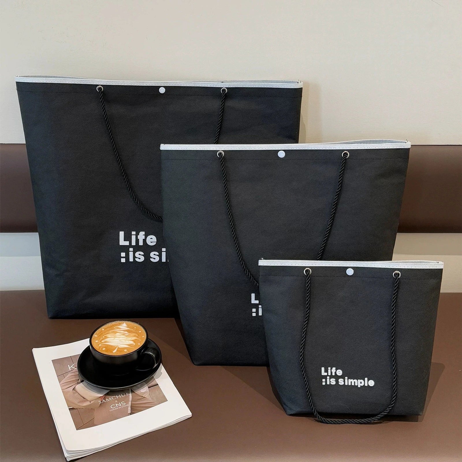 Large-Capacity Non-Woven Tote Bags — 10 Styles — Bucket Tote — Black