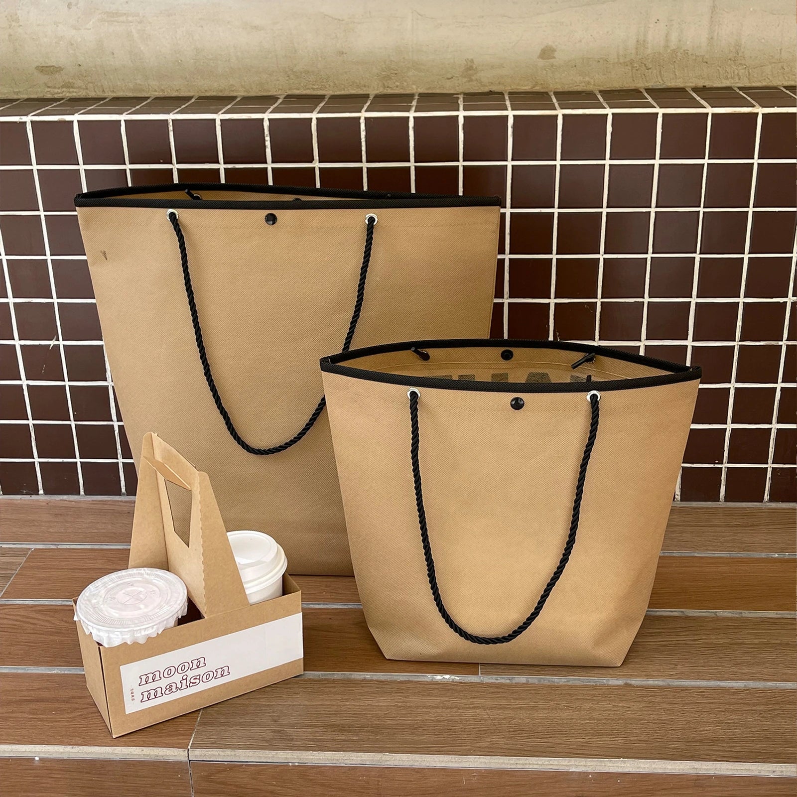 Large-Capacity Non-Woven Tote Bags — 10 Styles — Bucket Tote — Brown Plain