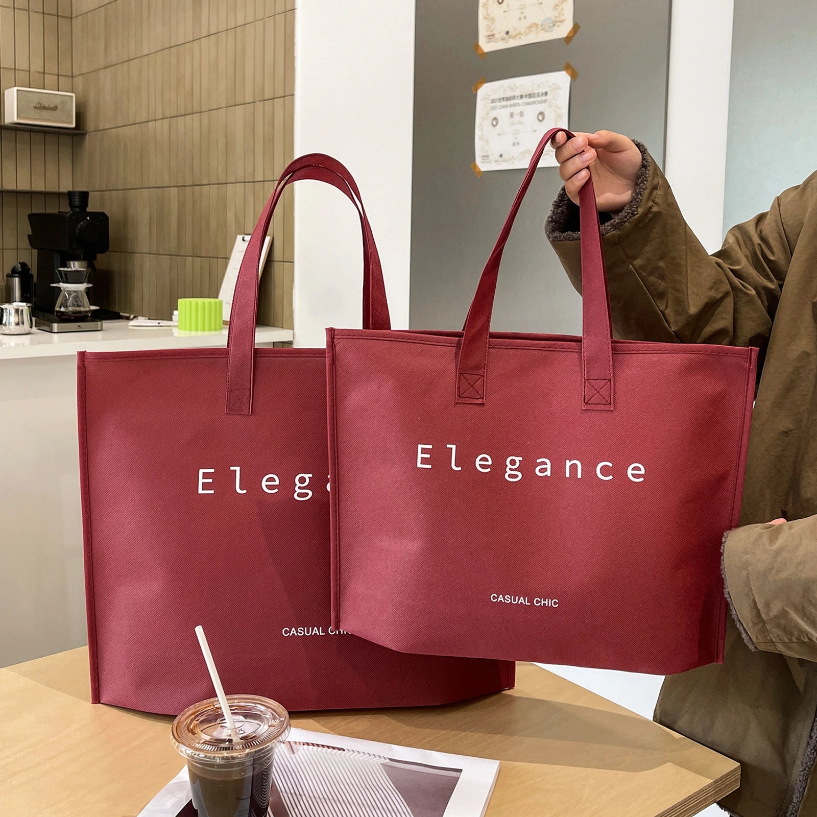 Large-Capacity Non-Woven Tote Bags — 10 Styles — Ele Ancora Red Zipper Tote Double — Layer Reinforced Handles