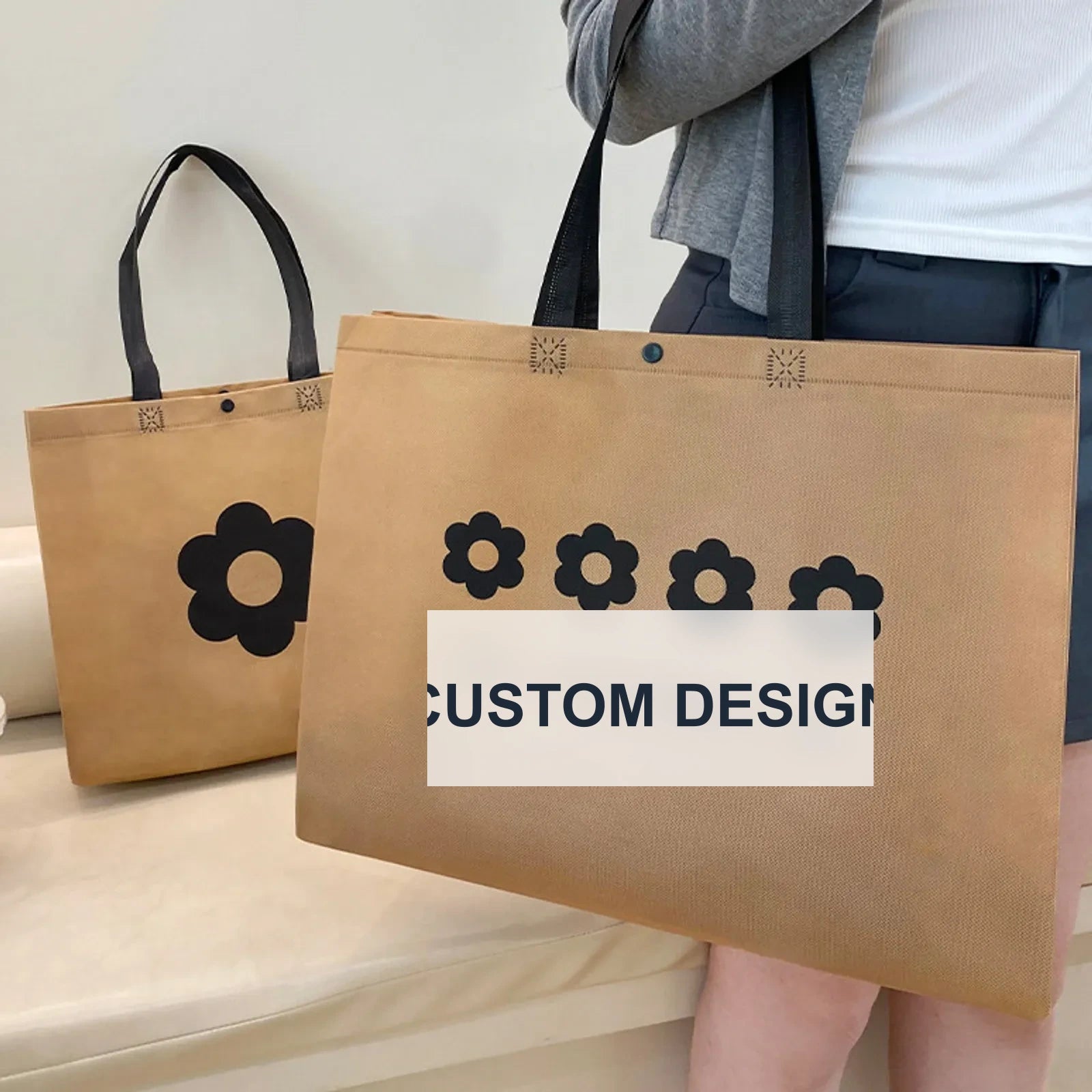 Large-Capacity Non-Woven Tote Bags — 12 Styles — Blossom Print Brown Tote