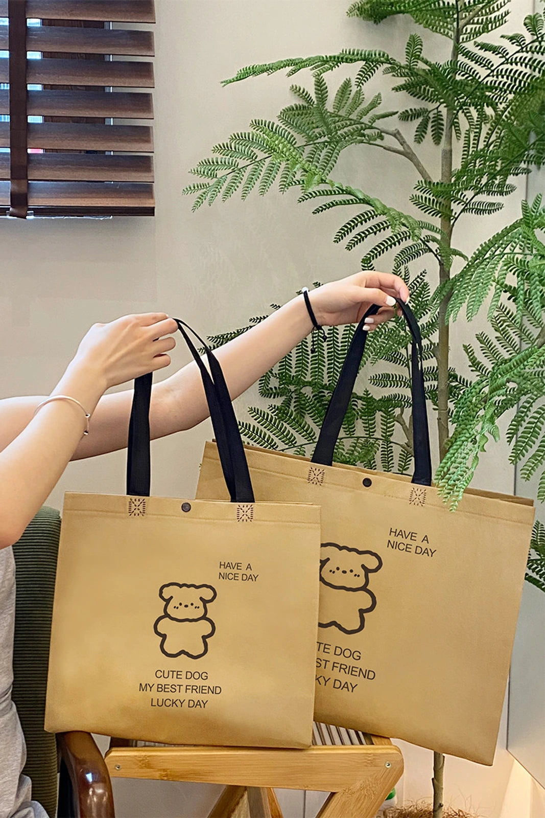 Large-Capacity Non-Woven Tote Bags — 12 Styles — Puppy Print Brown Tote