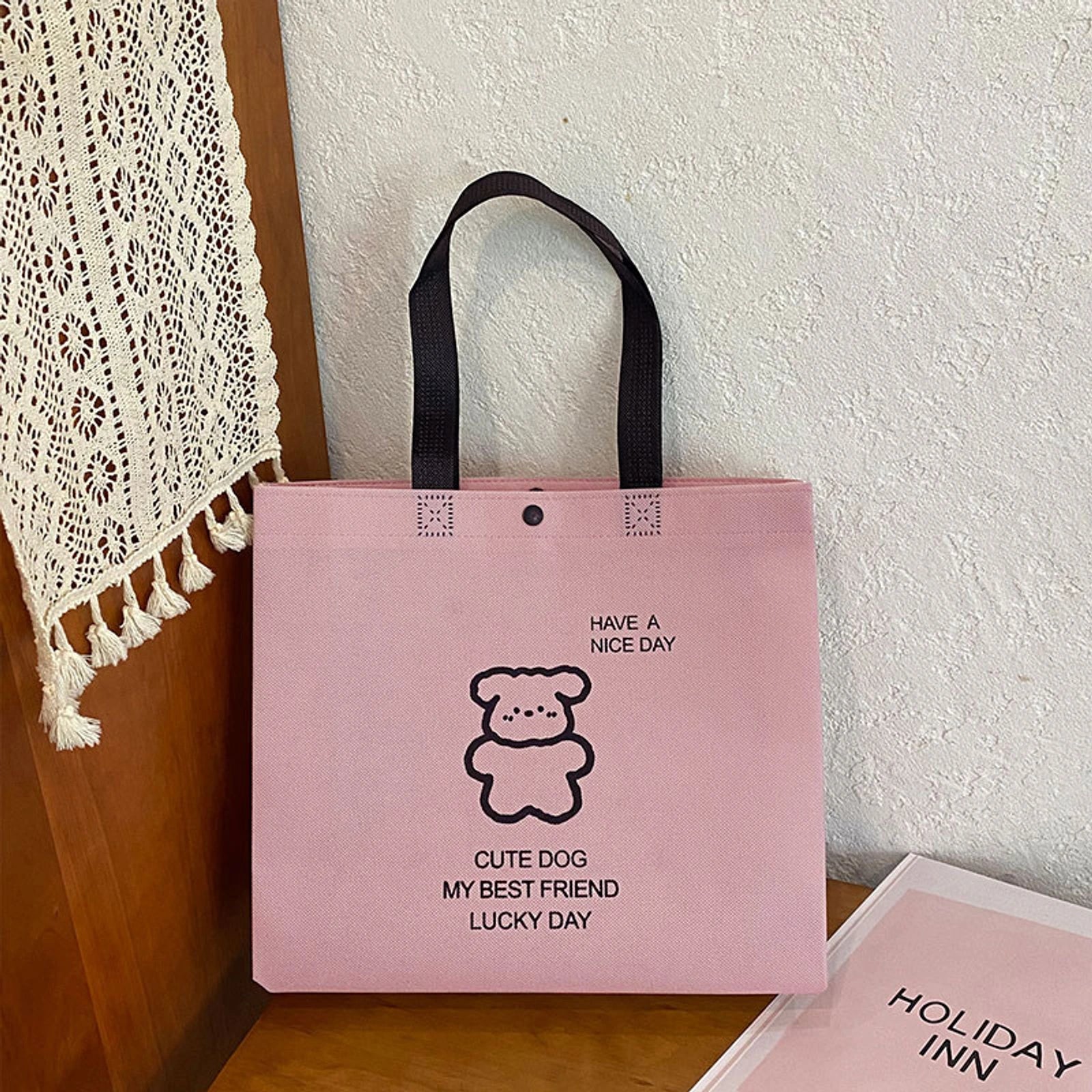 Large-Capacity Non-Woven Tote Bags — 12 Styles — Puppy Print Light Purple Tote