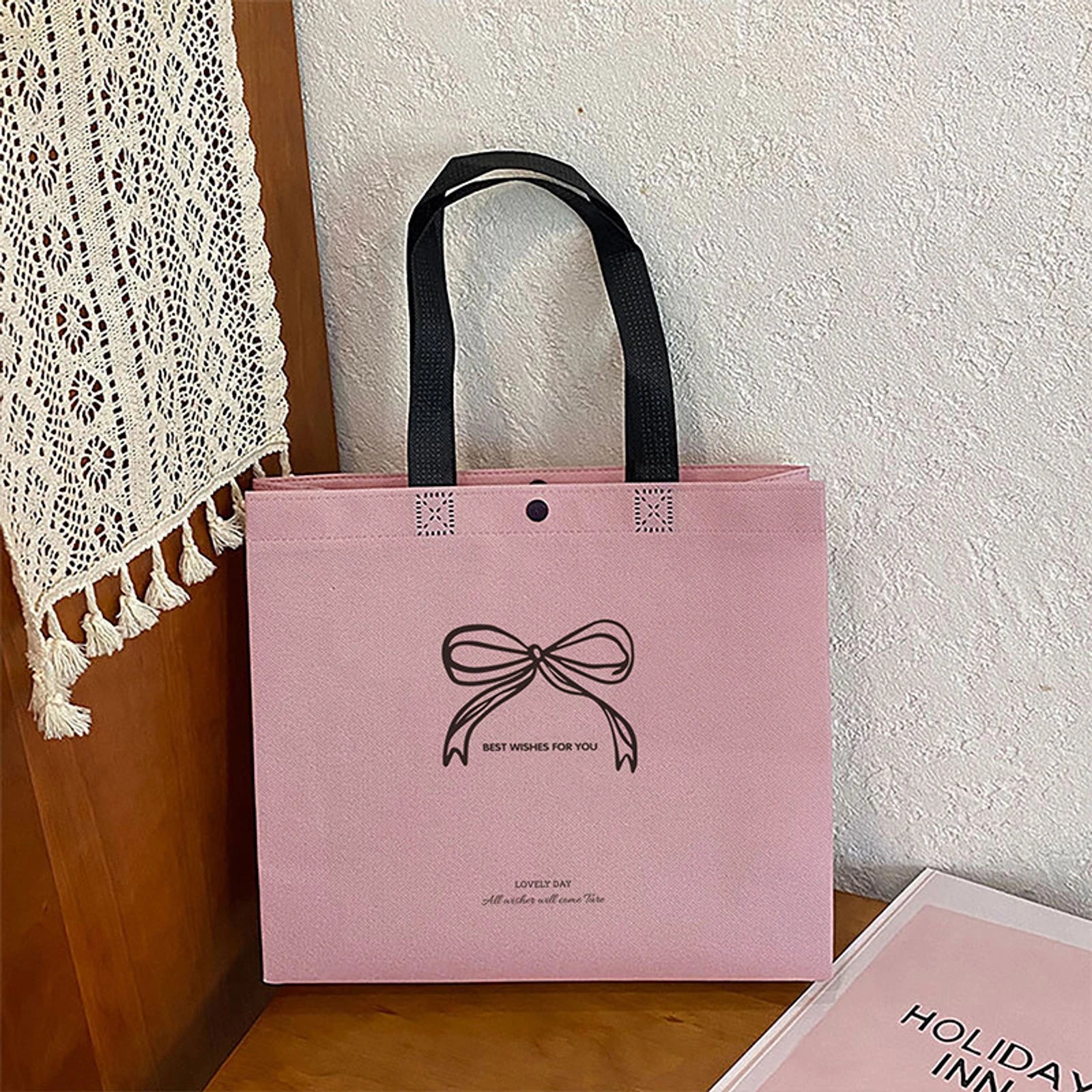 Large-Capacity Non-Woven Tote Bags — 16 Styles — Bow Print Light Purple Shoulder Carry