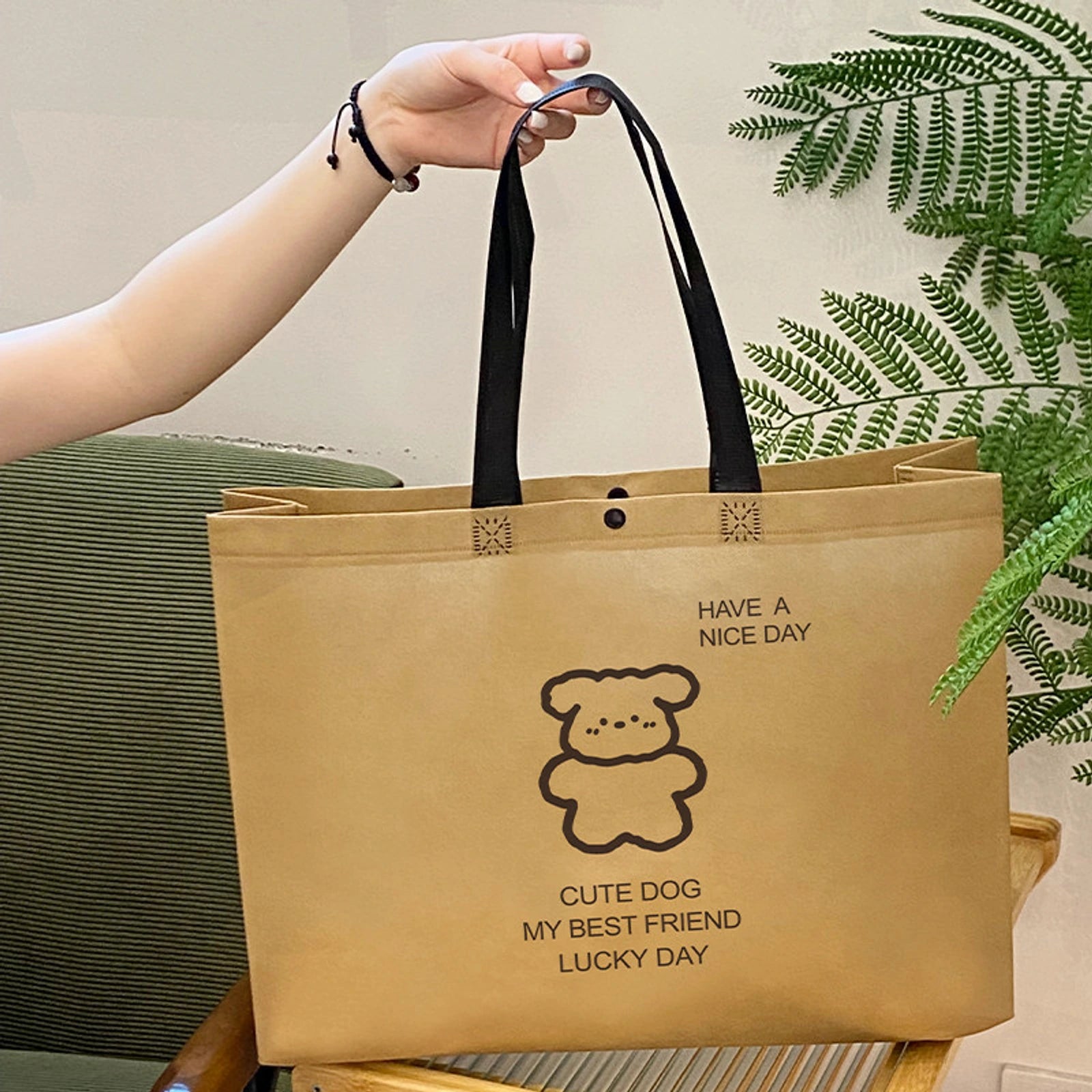 Large-Capacity Non-Woven Tote Bags — 16 Styles — Brown Puppy Print Snap — Closure