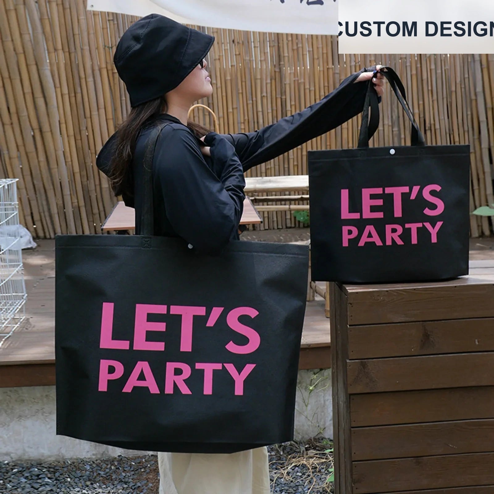 Large-Capacity Non-Woven Tote Bags — 2 Styles — Black & Hot Pink