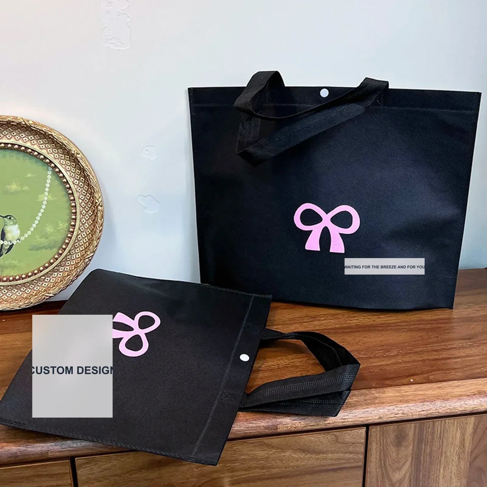 Large-Capacity Non-Woven Tote Bags — 2 Styles — Black & Pink