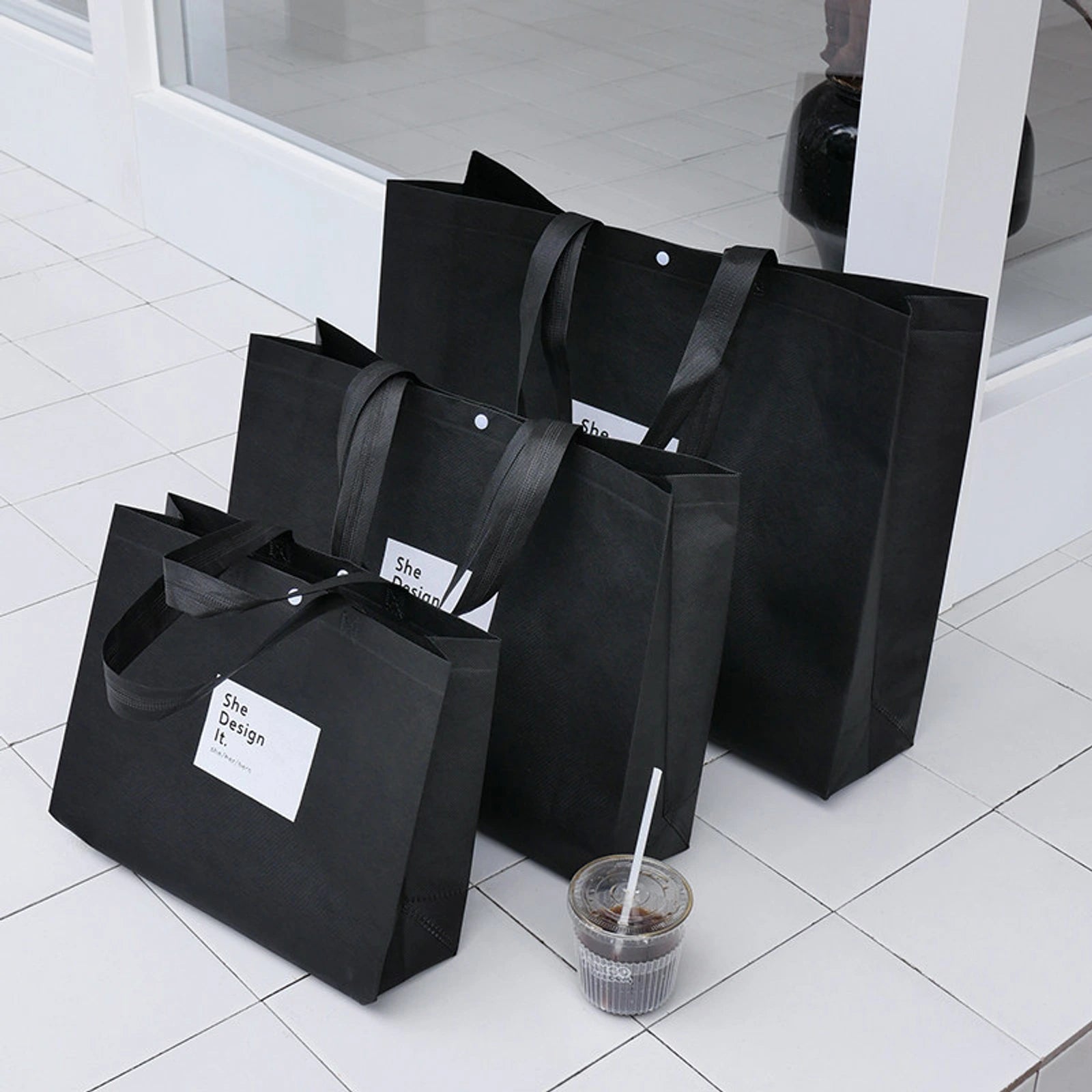 Large-Capacity Non-Woven Tote Bags — 2 Styles — Gusseted — Black & White
