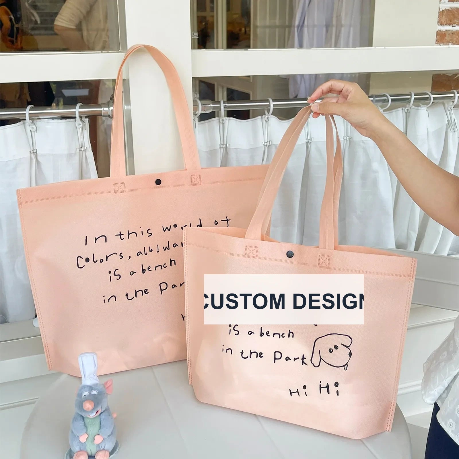 Large-Capacity Non-Woven Tote Bags — 22 Styles — Hi Hi Light Pink Shoulder Carry Gusseted Tote