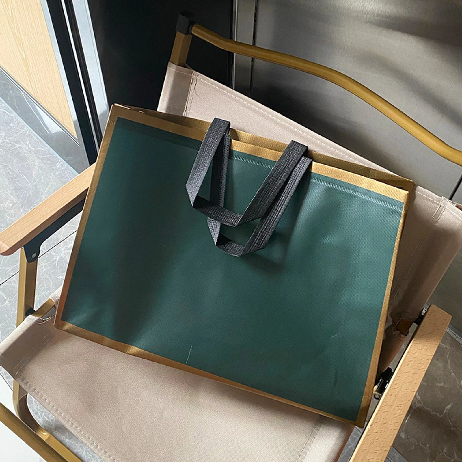 Large-Capacity Non-Woven Tote Bags — 3 Styles — Dark Green Base with Gold Trim