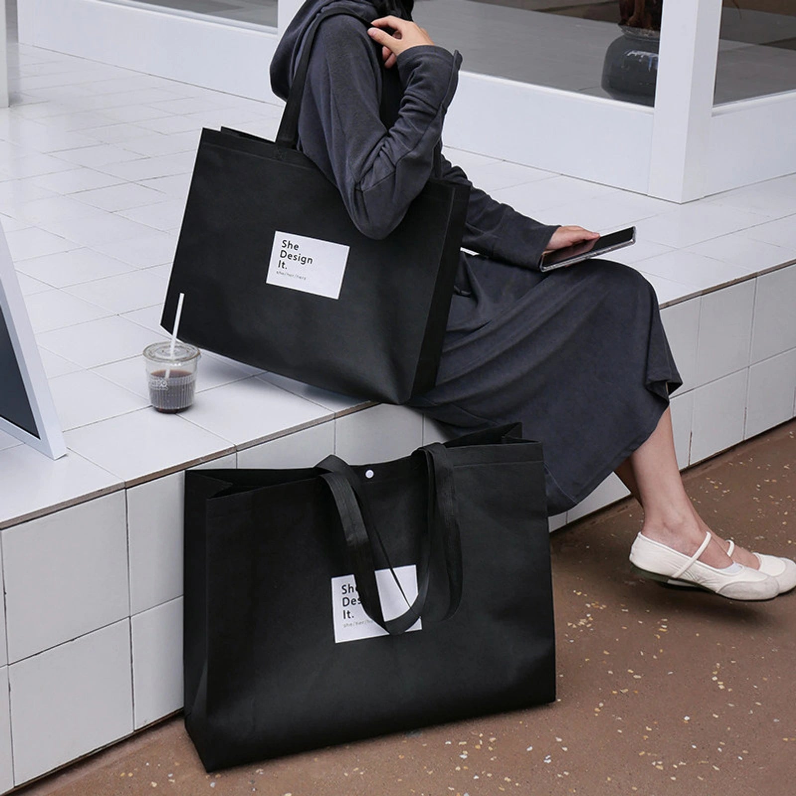 Large-Capacity Non-Woven Tote Bags — 3 Styles — Gusseted — Black & White