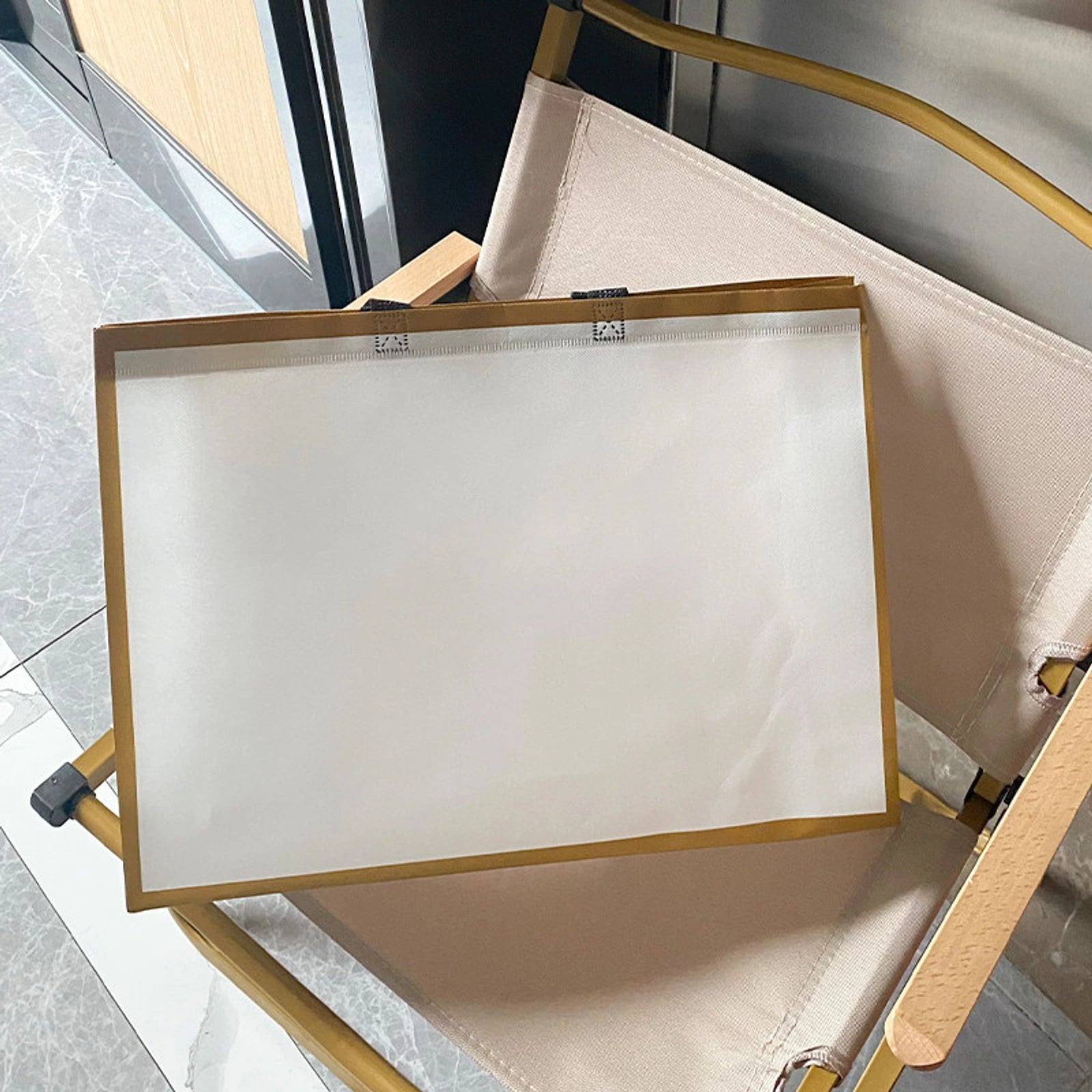 Large-Capacity Non-Woven Tote Bags — 3 Styles — White Base with Gold Trim