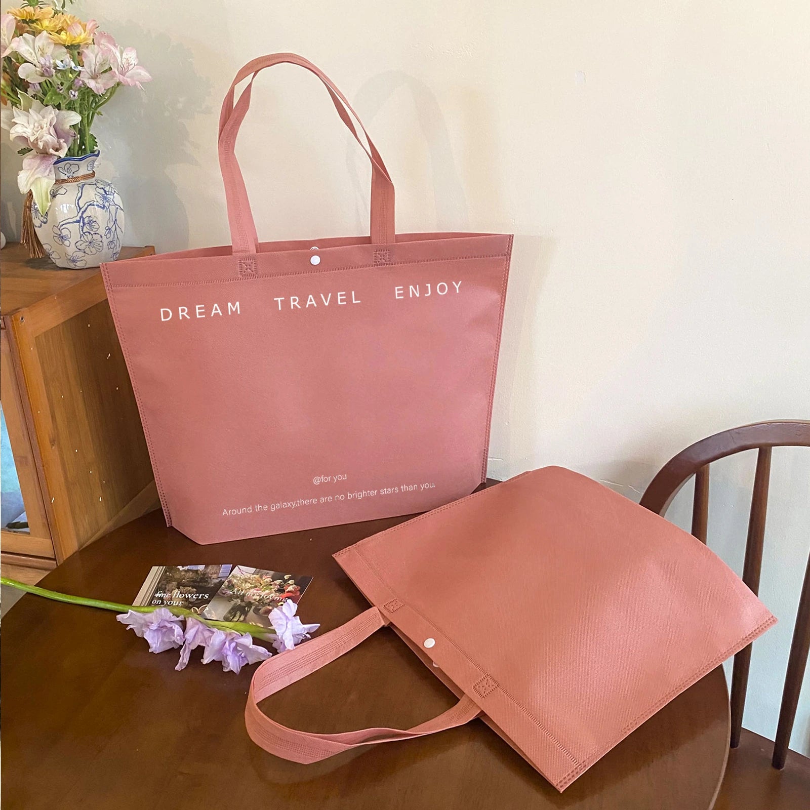 Large-Capacity Non-Woven Tote Bags — 4 Styles — Mousse Pink — Heavy — Duty Tote