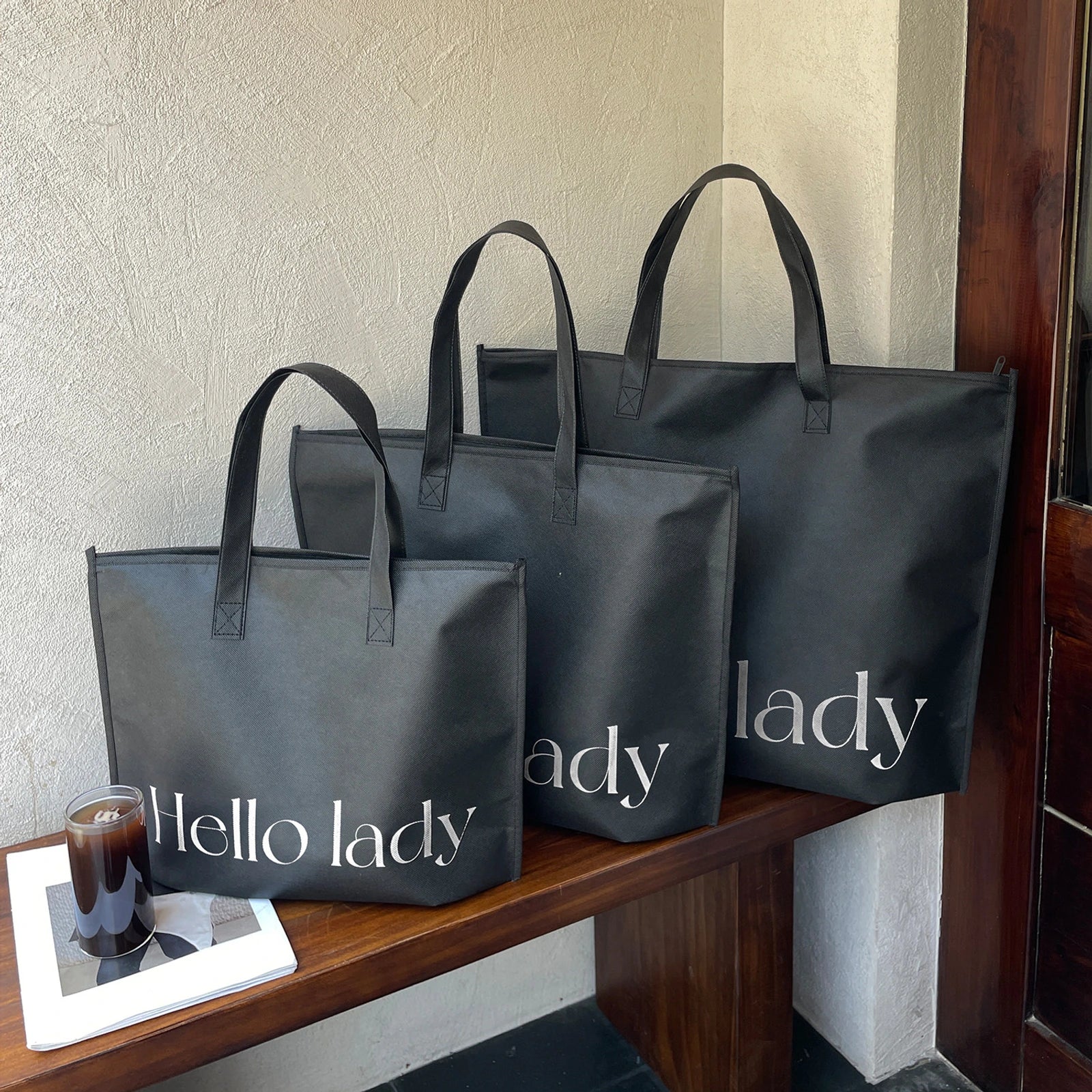 Large-Capacity Non-Woven Tote Bags — 6 Styles — Black Hello Zipper Tote Extra — Thick 110 gsm