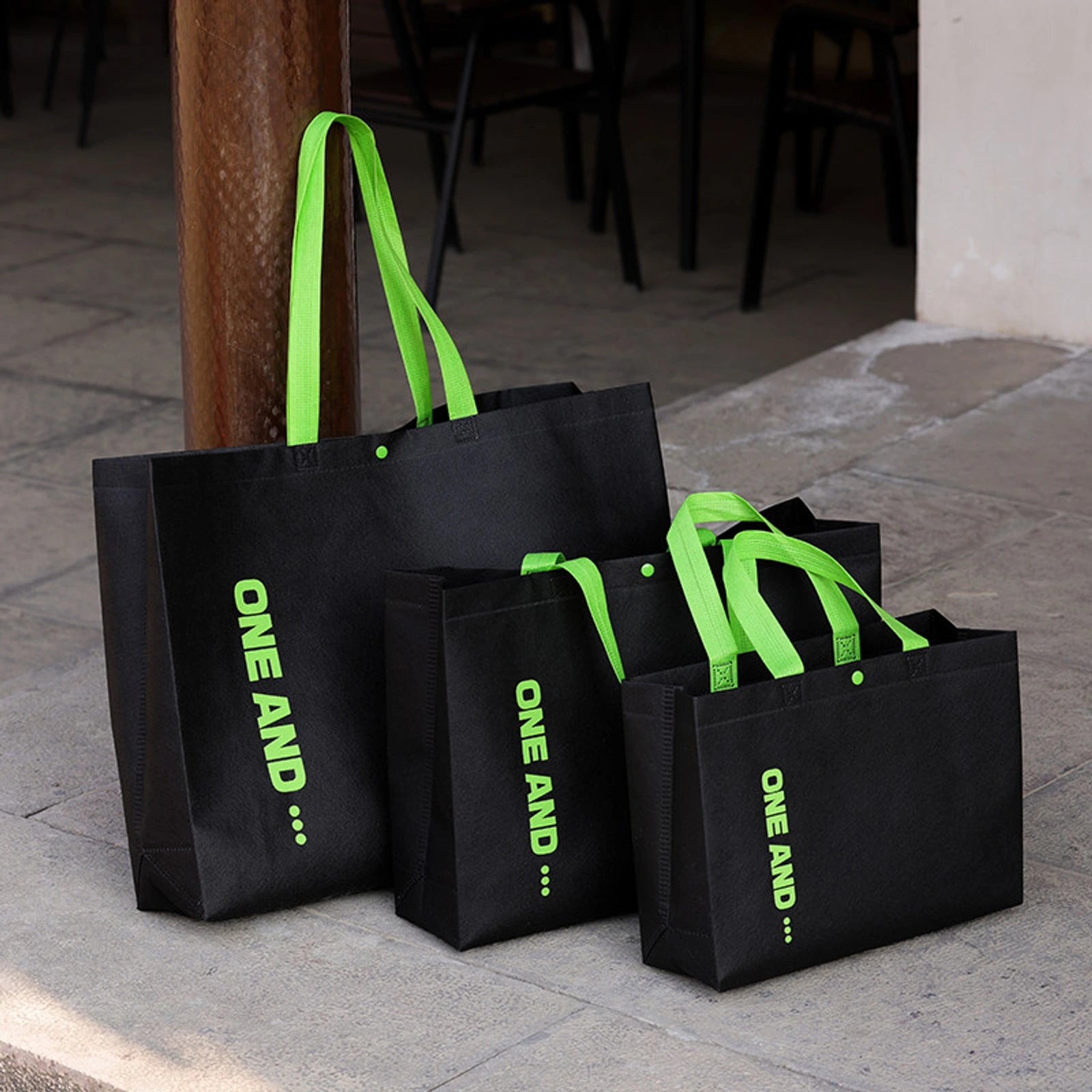 Large-Capacity Non-Woven Tote Bags — 8 Styles — Gusseted — Green & Black