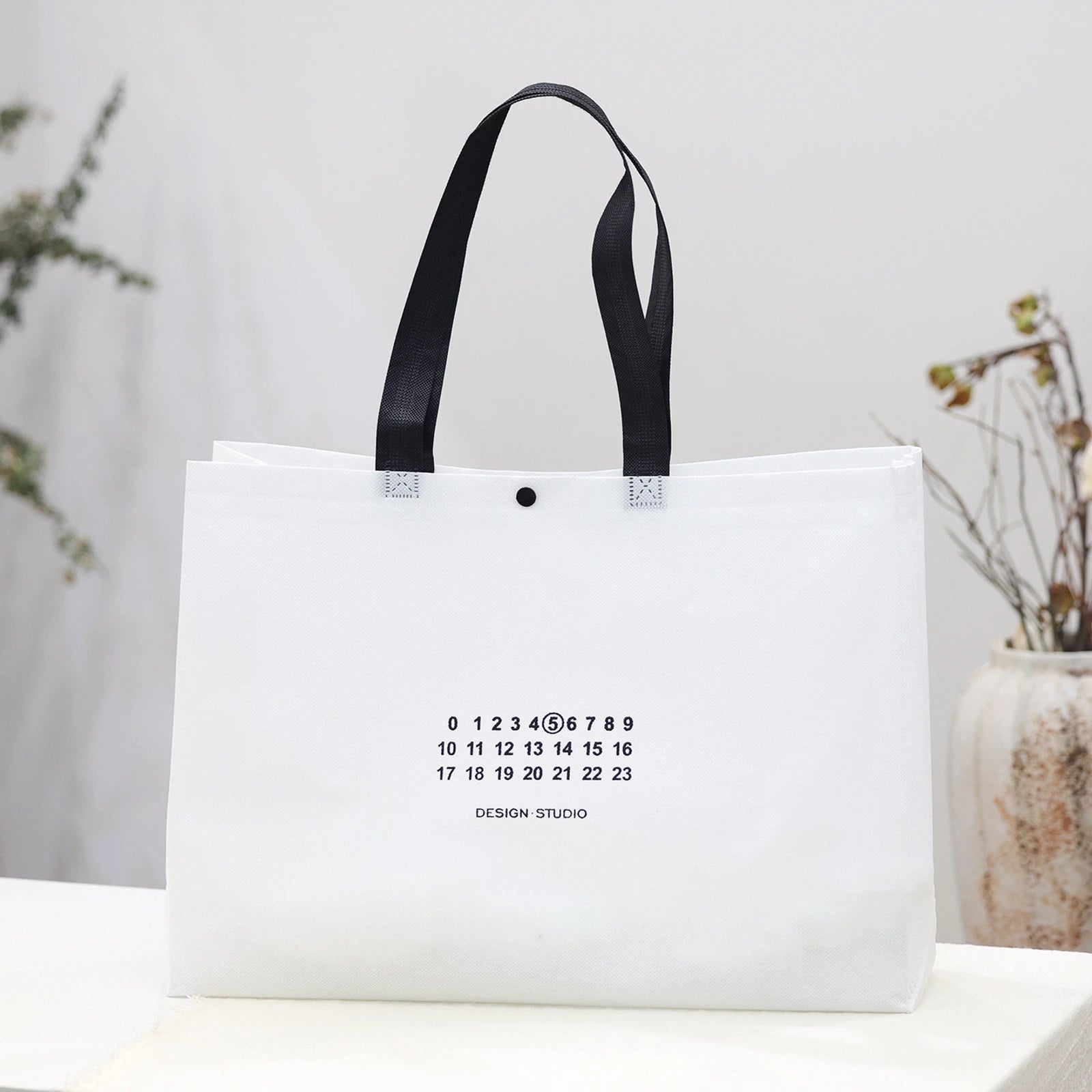 Large-Capacity Non-Woven Tote Bags — 8 Styles — Gusseted — White with Black Print