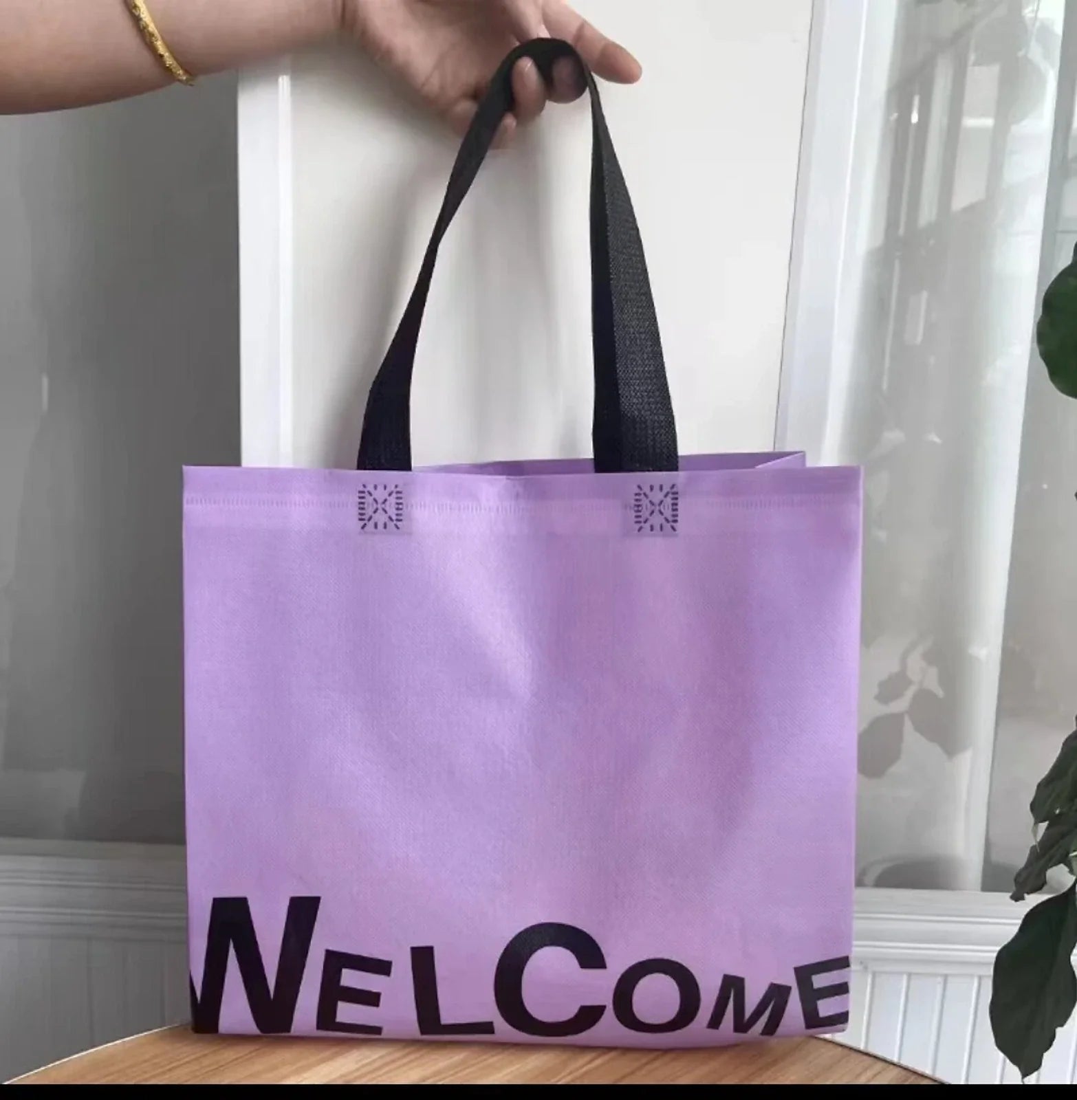 Purple Letter Print letter-print laminated non-woven tote bags