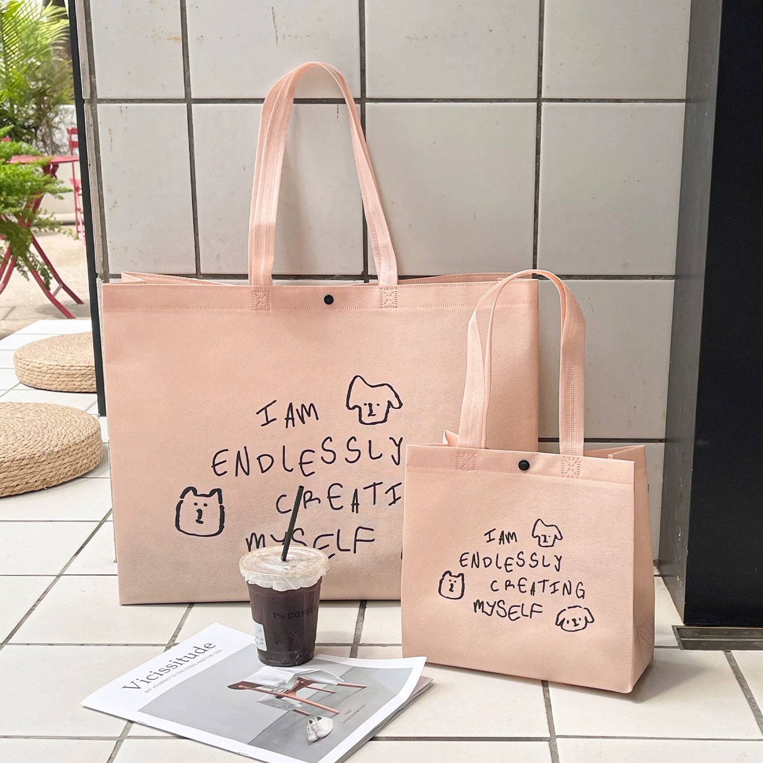 Light pink dog print non-woven tote bag