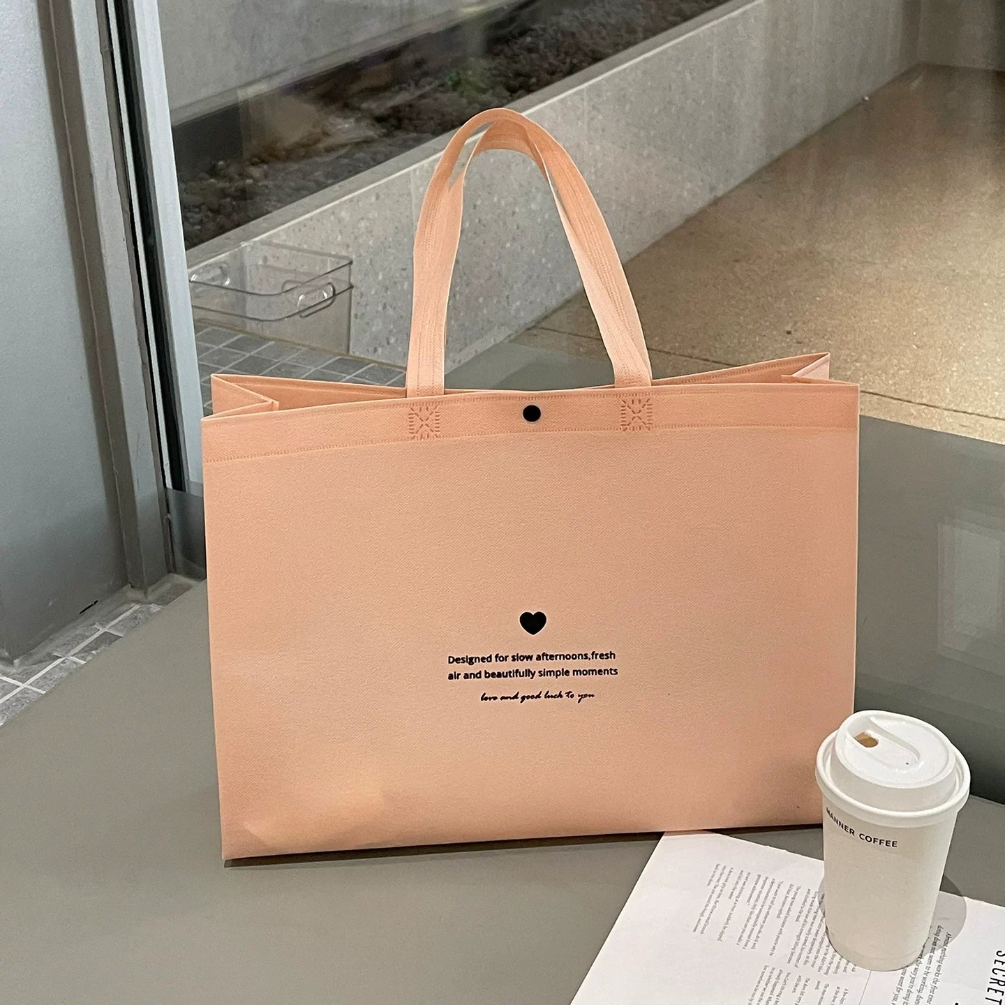 Light Pink – Heart Text snap-closure non-woven tote bag