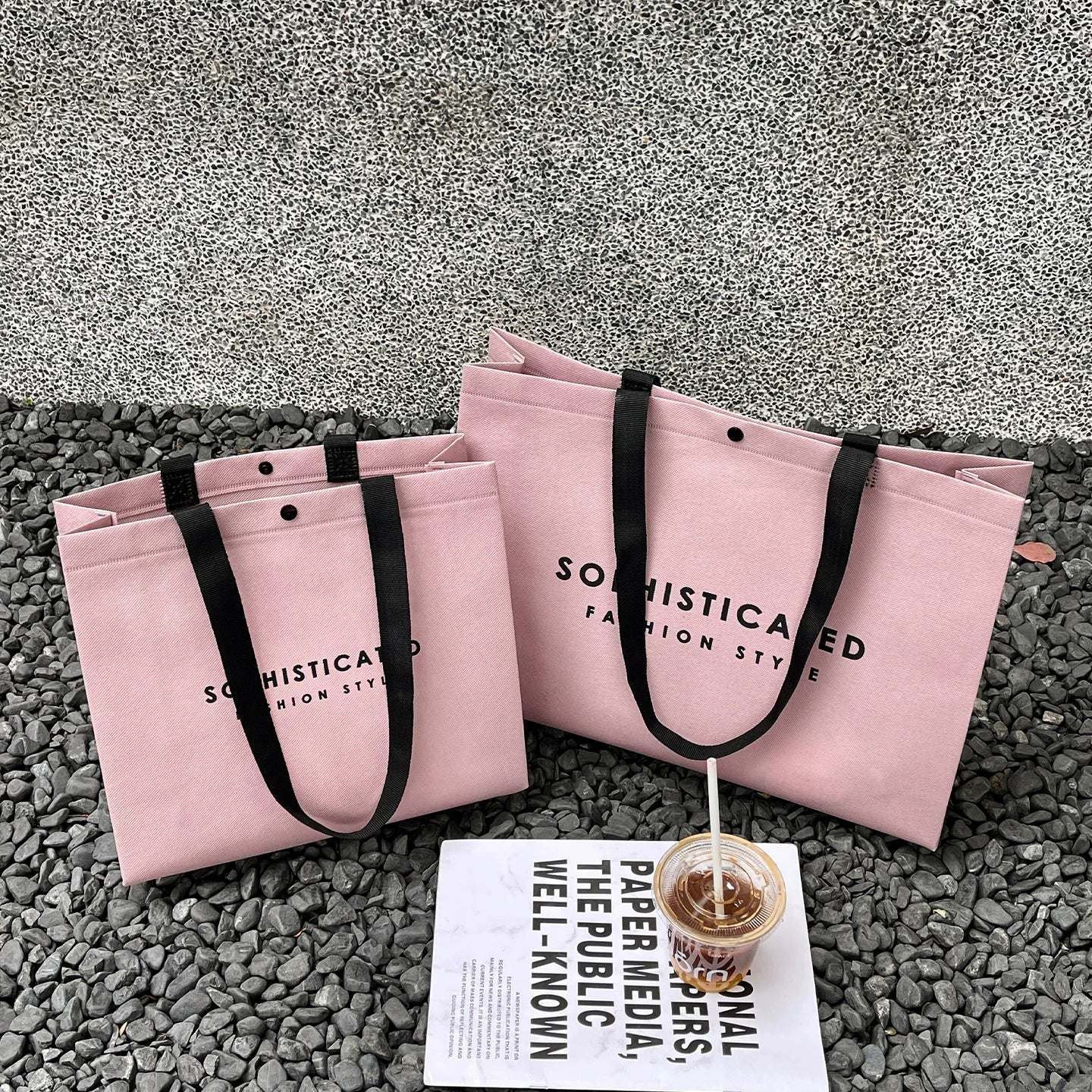 Light purple SOP print non-woven tote bag with woven handles