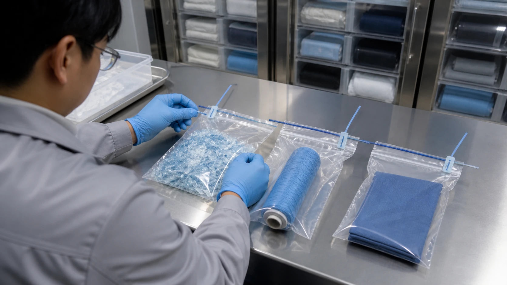 Auditor sealing matched samples of RPET flakes yarn and finished fabric