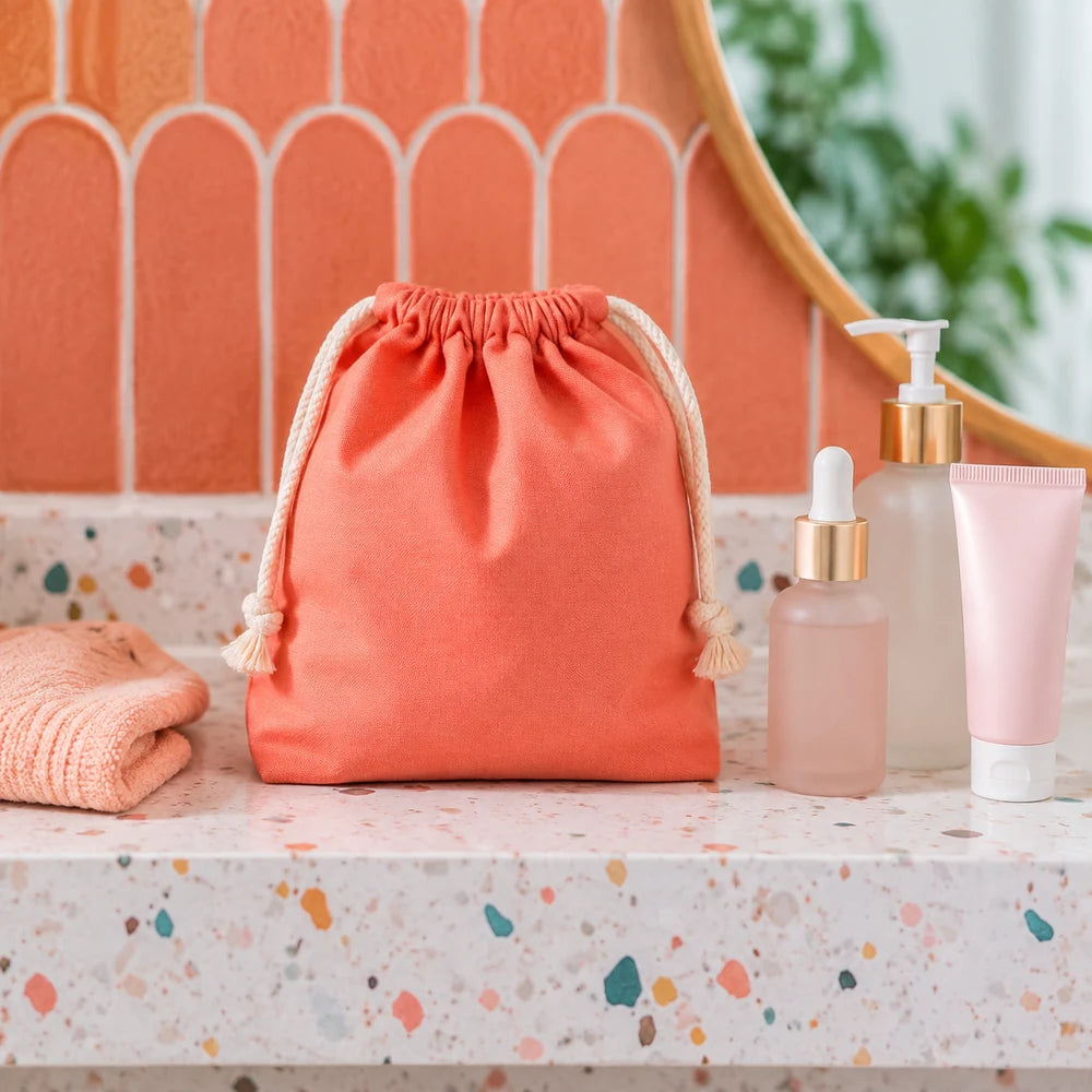 Medium coral cotton toiletry drawstring bag beside skincare bottles