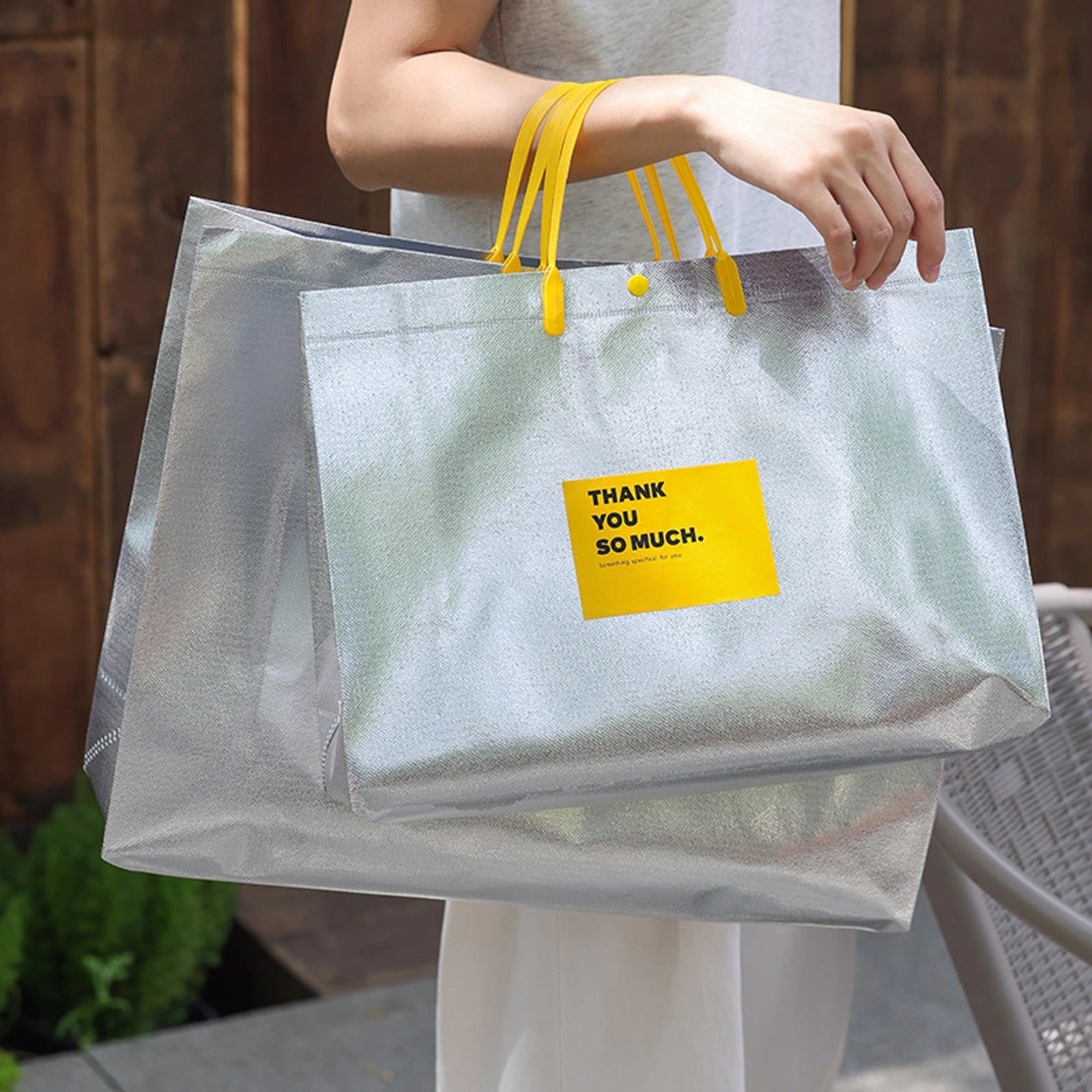 Metallic Laminated Non-Woven Tote Bags — 4 Styles — Metallic Laminated — Bright Yellow Die — Cut Handle