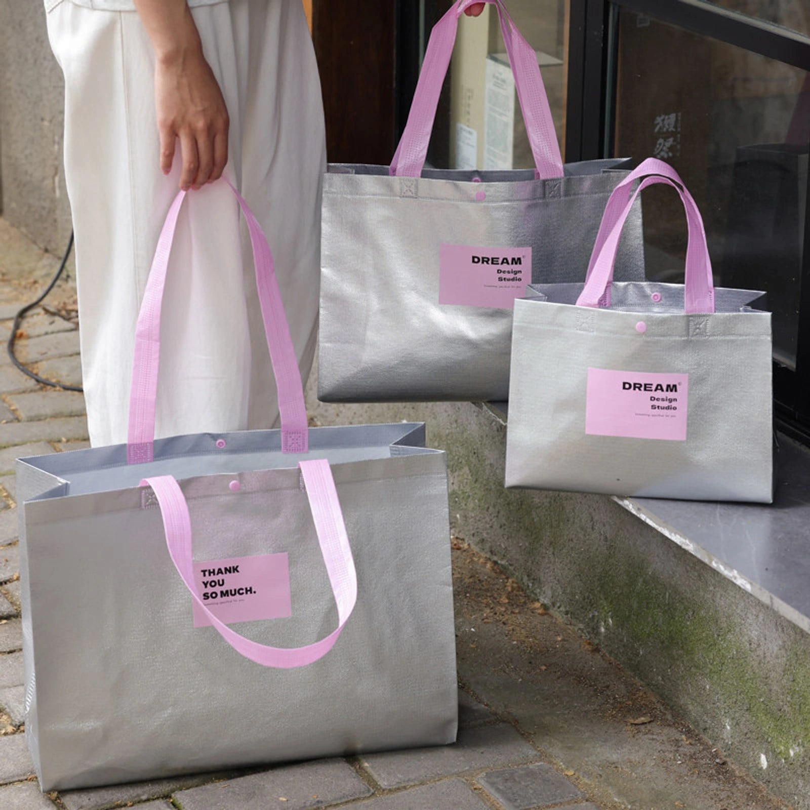 Metallic Laminated Non-Woven Tote Bags — 4 Styles — Metallic Laminated — PinkLong Handles