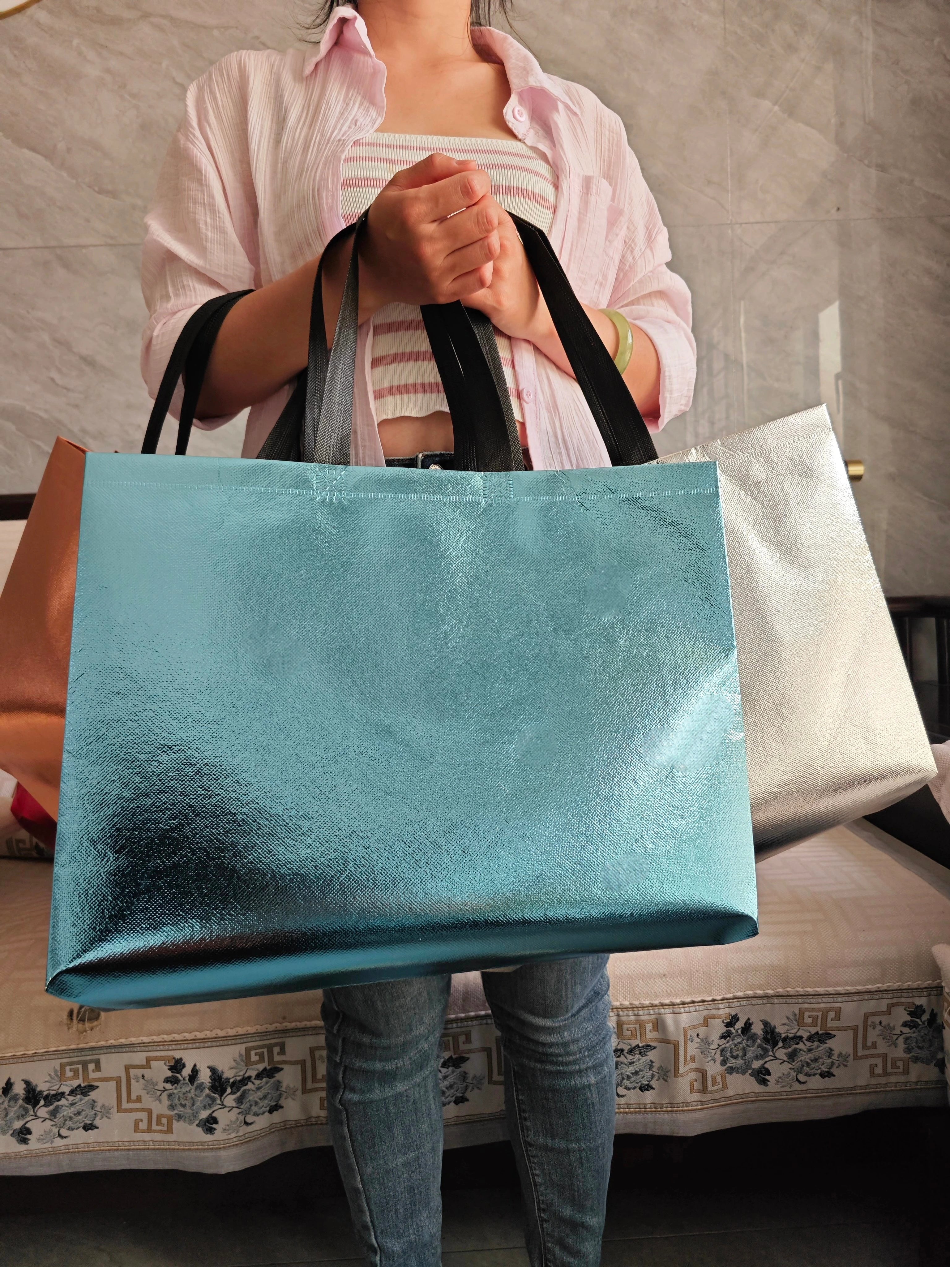 Metallic Mirror Laminated Non-Woven Tote Bags — 6 Colors product view 1