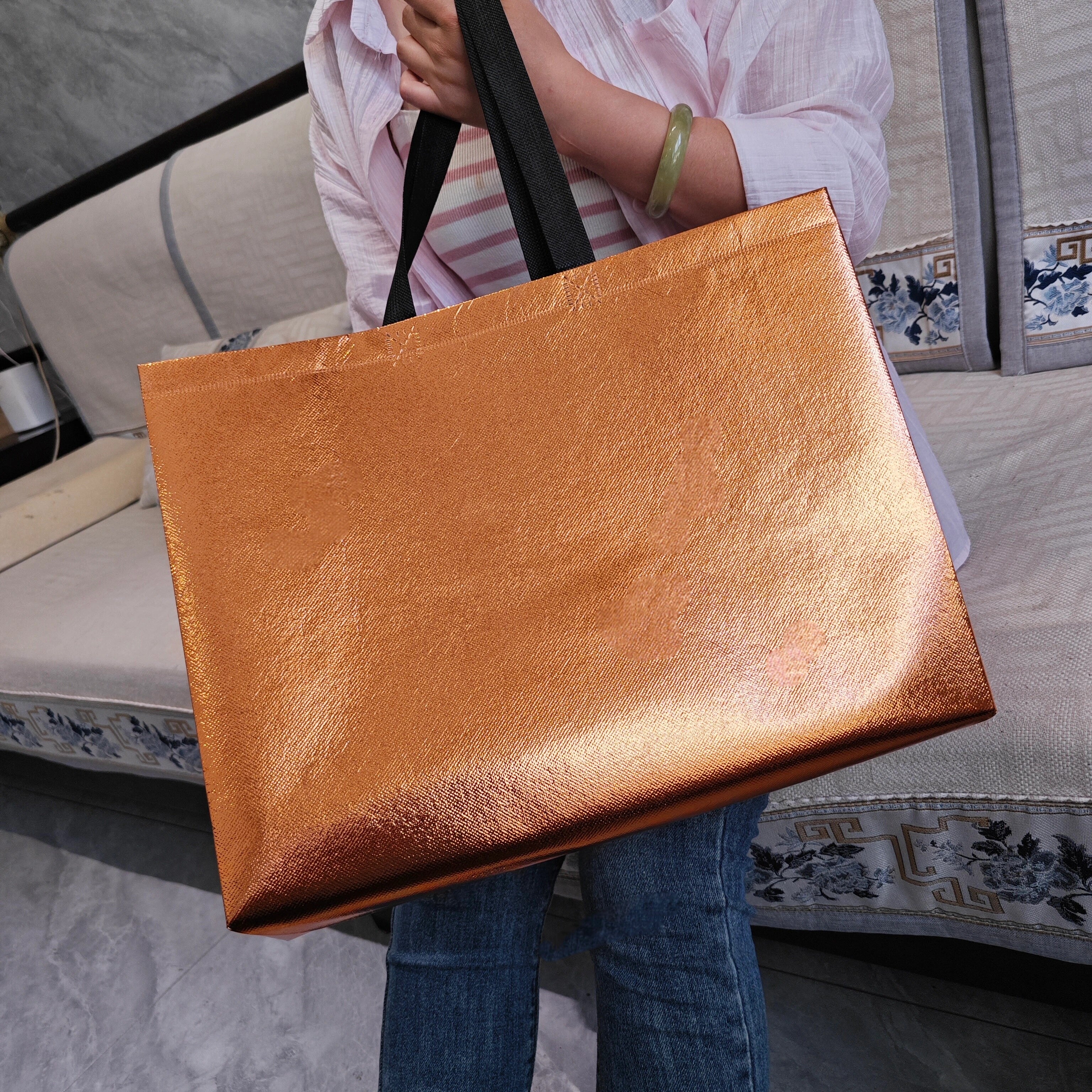 Metallic Bronze — 100 gsm metallic mirror laminated non-woven tote bags — 6 colors