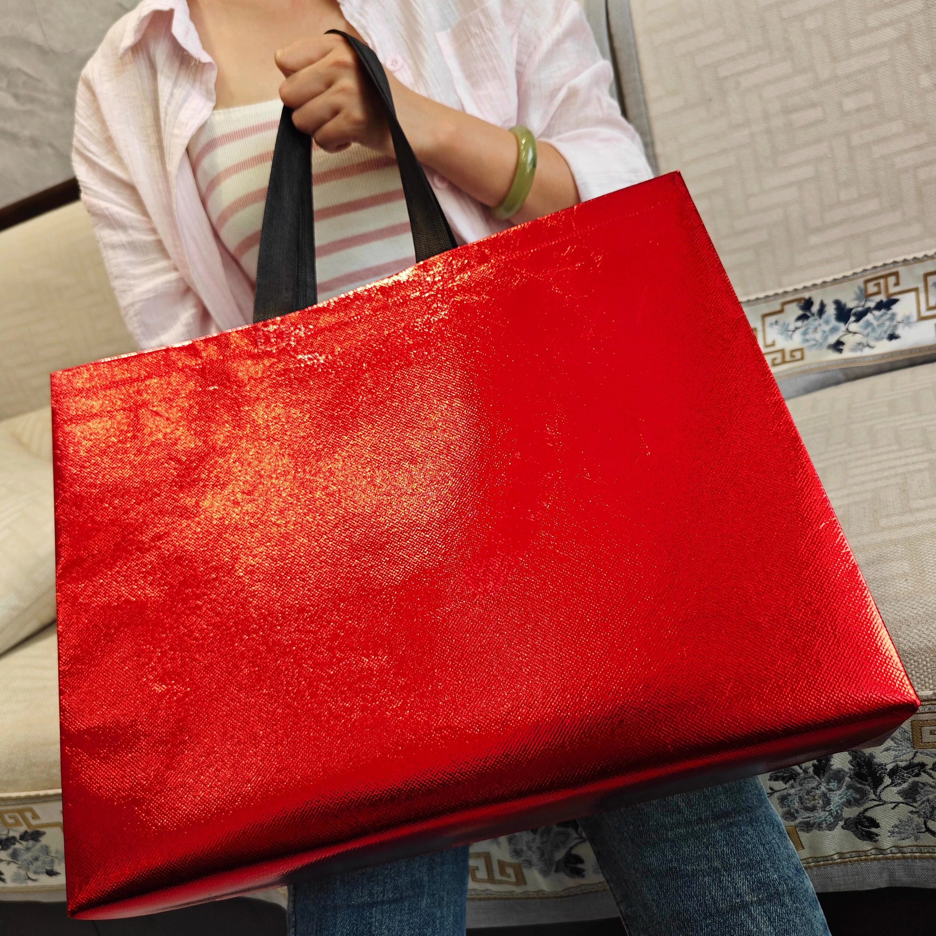 Metallic Red — 100 gsm metallic mirror laminated non-woven tote bags — 6 colors