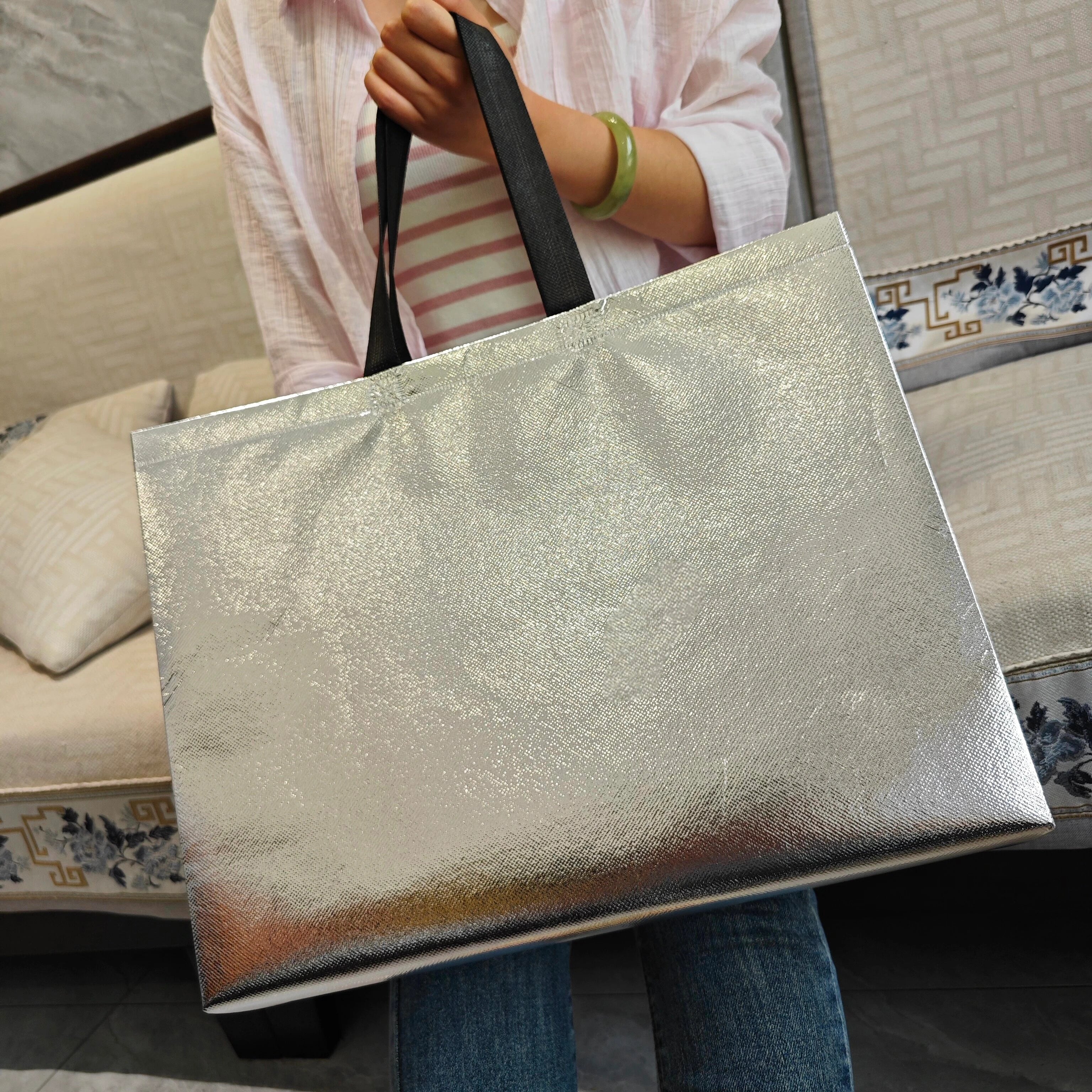 Metallic Silver — 100 gsm metallic mirror laminated non-woven tote bags — 6 colors