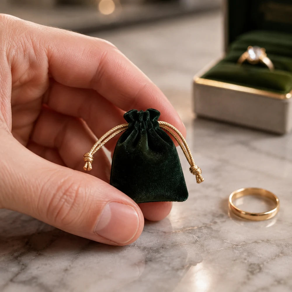 Tiny forest green velvet jewelry pouch held between fingertips