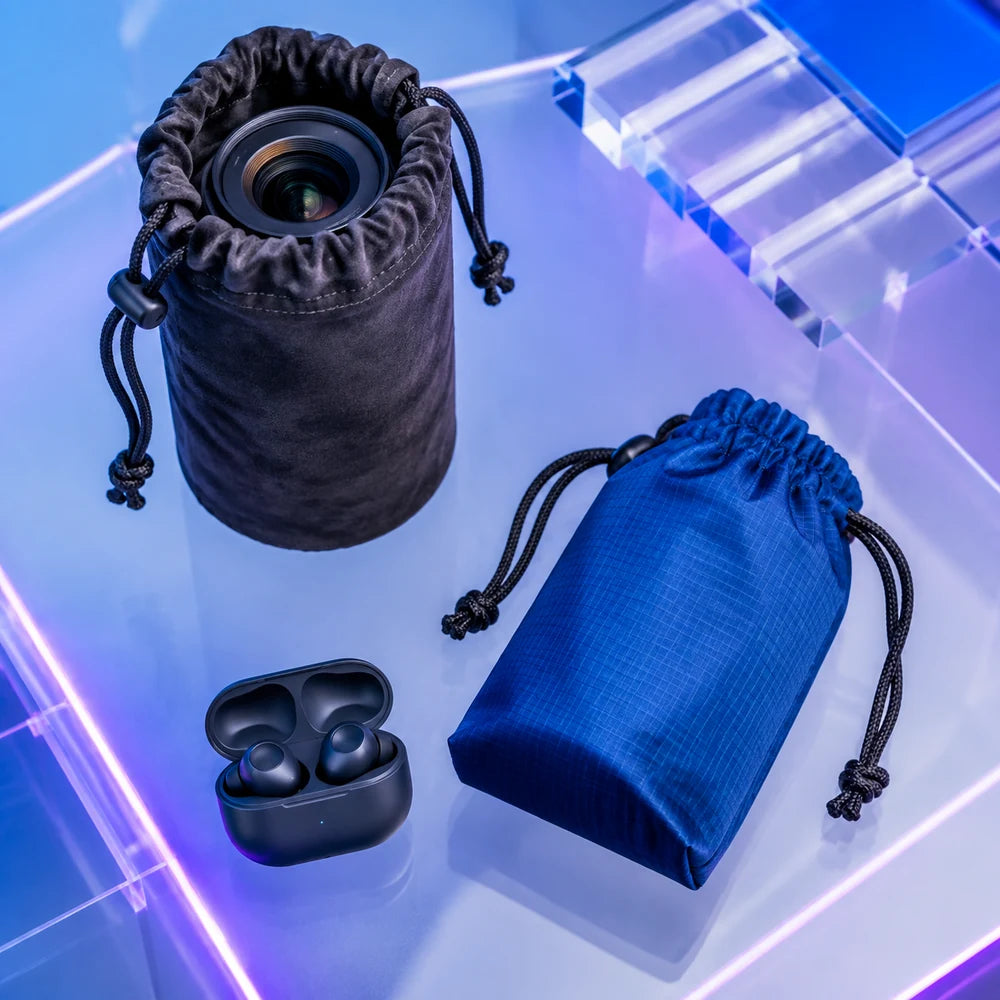 Graphite microfiber lens pouch and cobalt ripstop electronics drawstring bag
