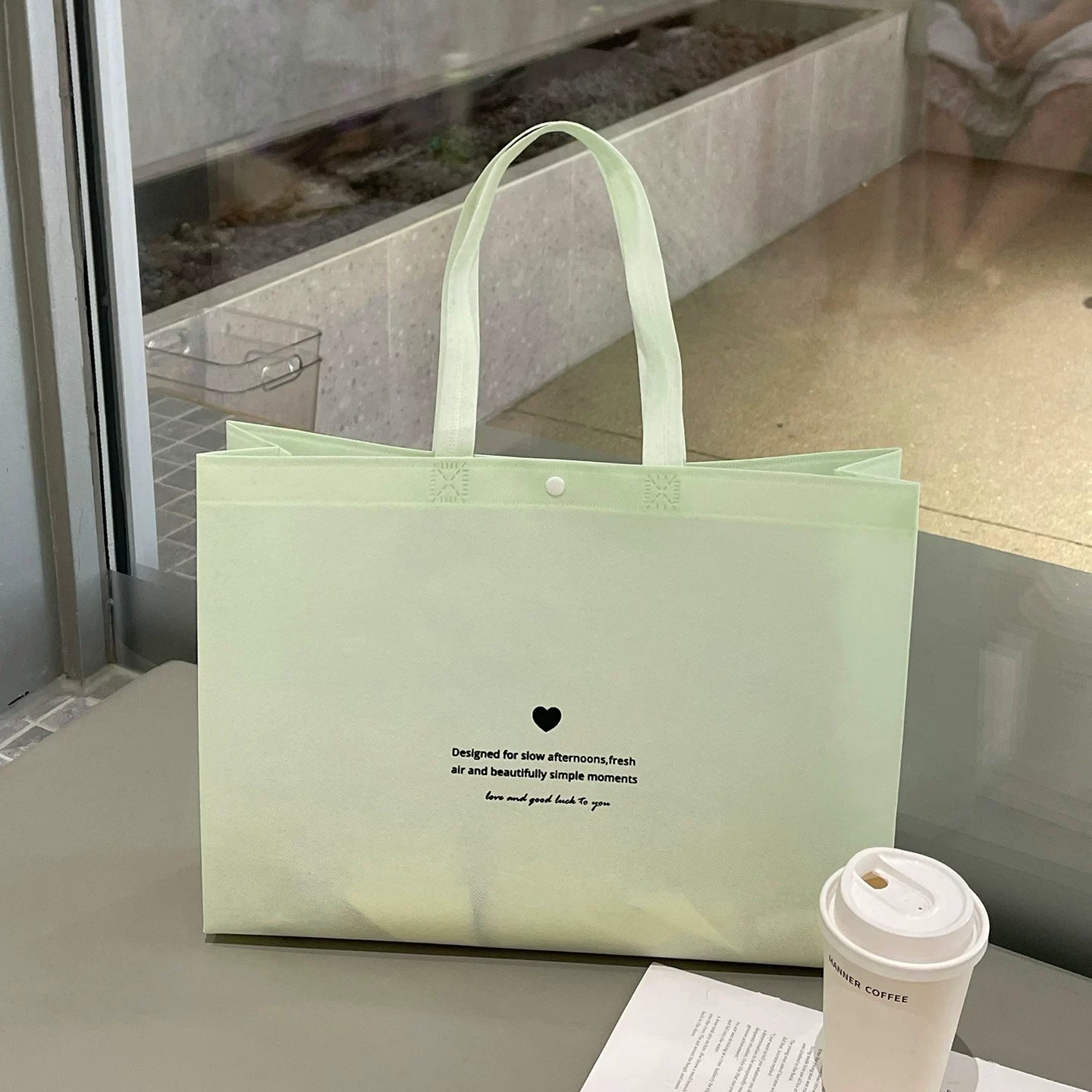 Mint Green – Heart Text snap-closure non-woven tote bag
