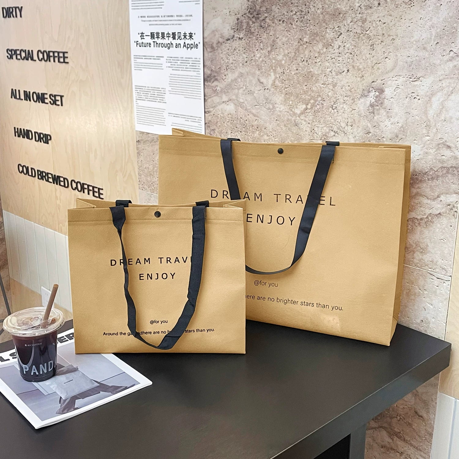 Mocha DREAM print non-woven tote bag