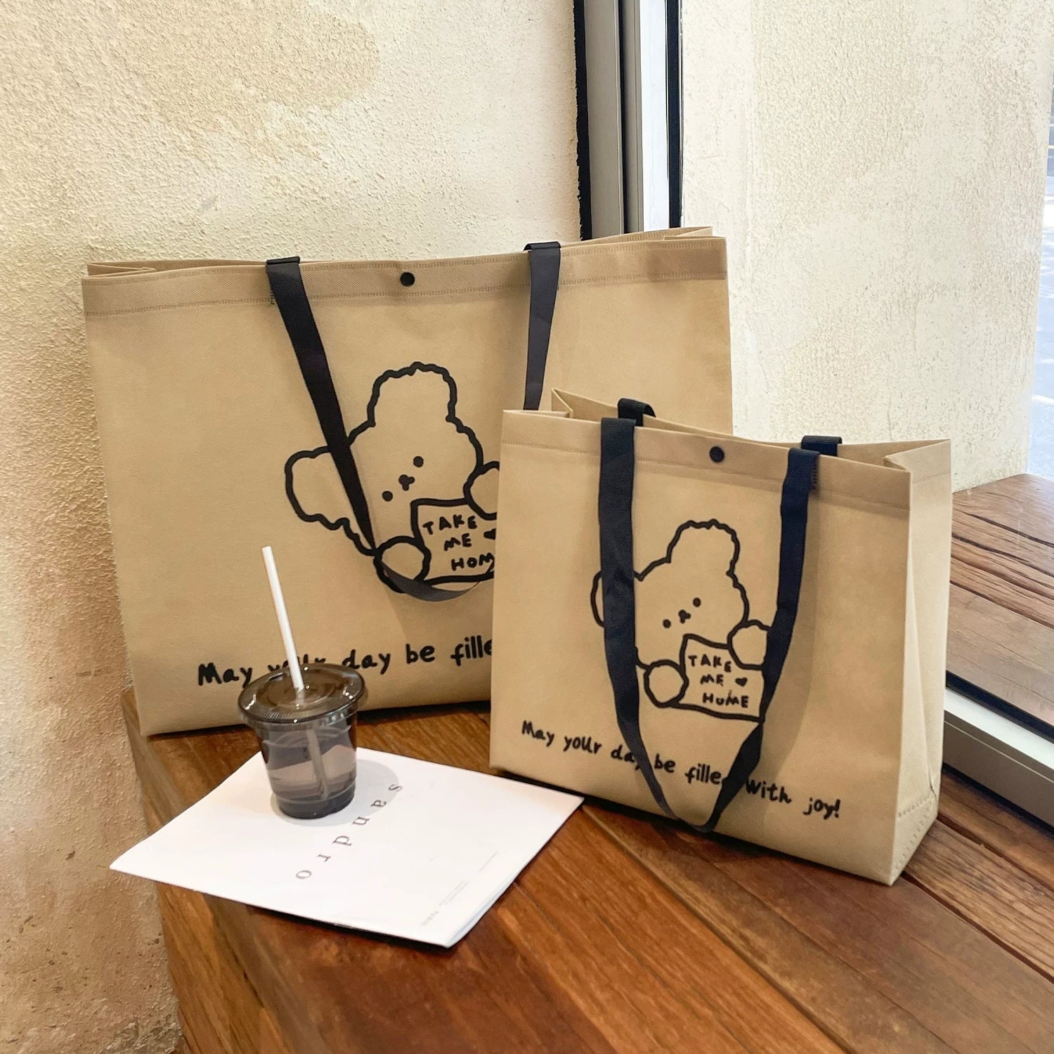 Mocha Happy Bear print non-woven tote bag