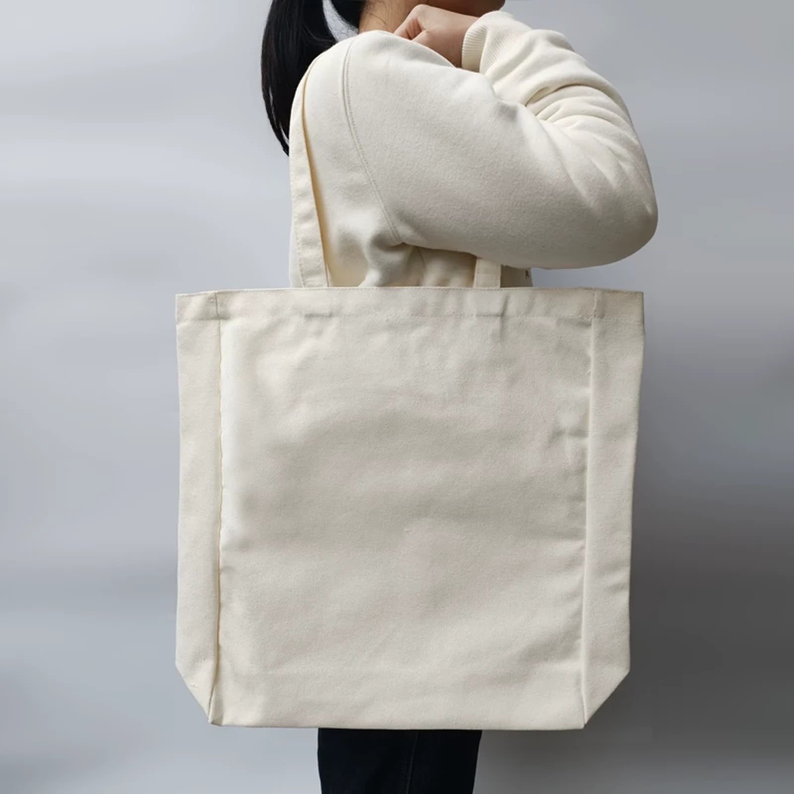 Beige gusseted large vertical canvas tote bag