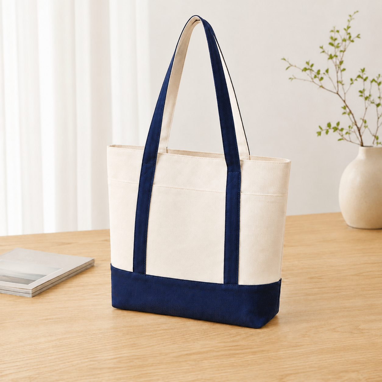 Custom Color-Block Canvas Tote Bag with Pocket | Bulk Logo Bags